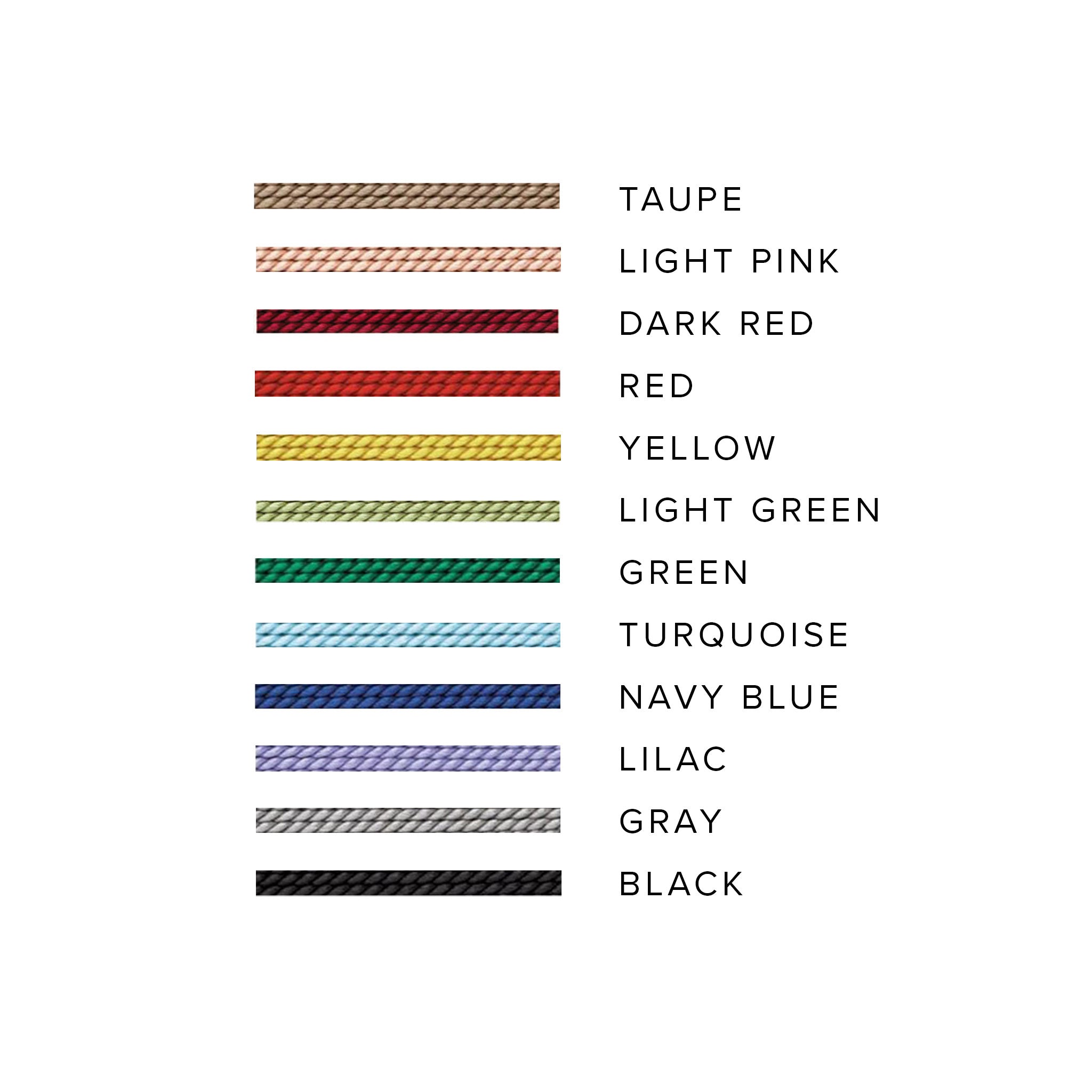 Zoë Chicco Nylon Cord Color Chart with Taupe, Light Pink, Dark Red, Red, Yellow, Light Green, Green, Turquoise, Navy Blue, Lilac, Gray, and Black options