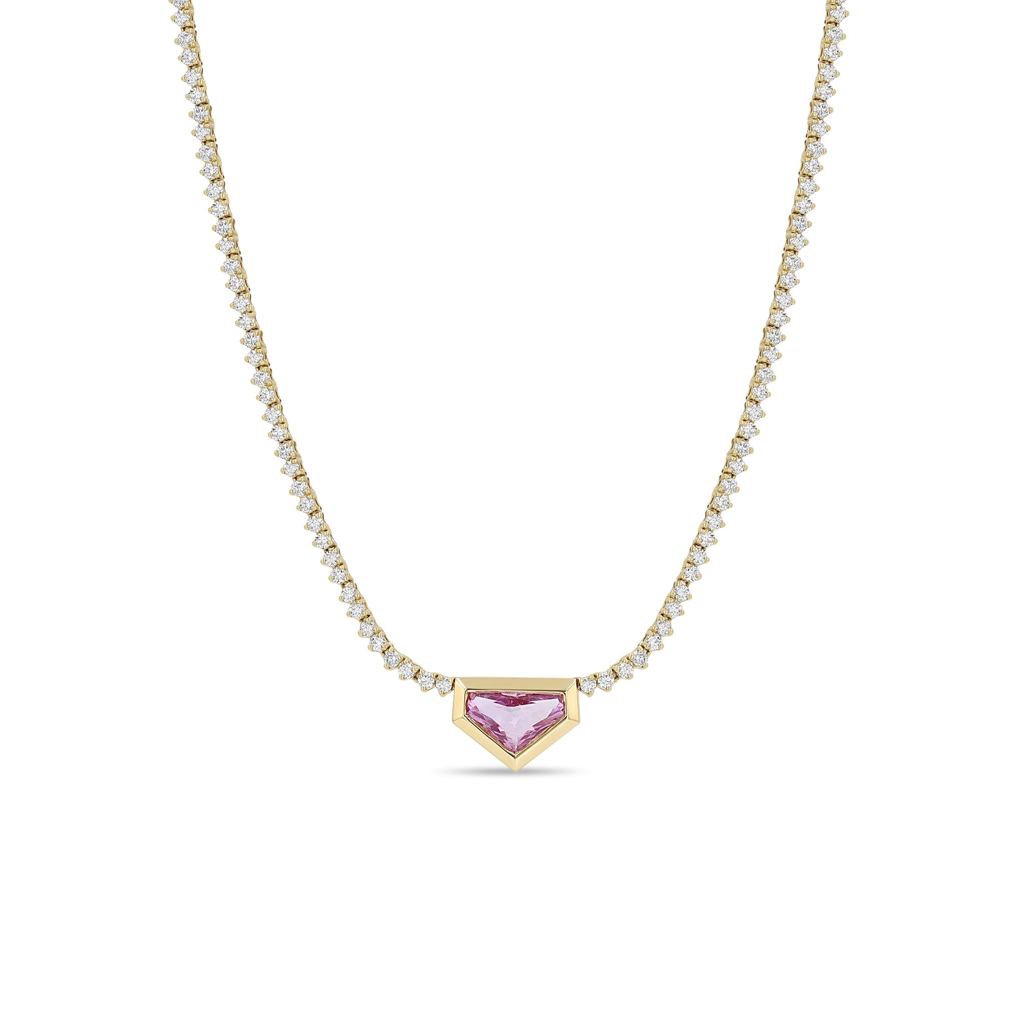 Zoe Chicco 14K Gold necklace with a pink sapphire triangular shield pendant and a chain of diamonds on a white background