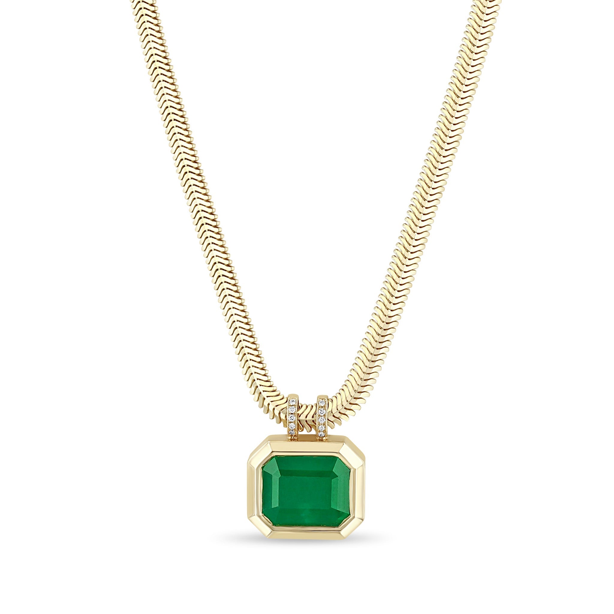 Zoe Chicco 14K gold chain necklace with a large emerald pendant on a white background
