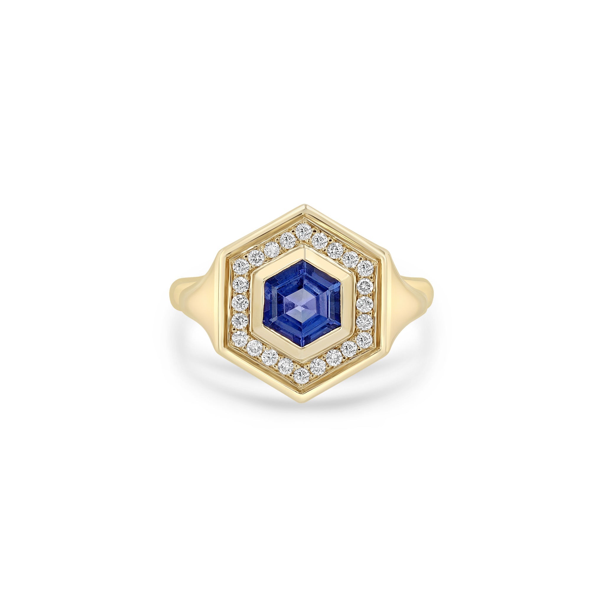 Zoe Chicco 14K Gold blue sapphire hexagon shaped ring with diamonds on a white background