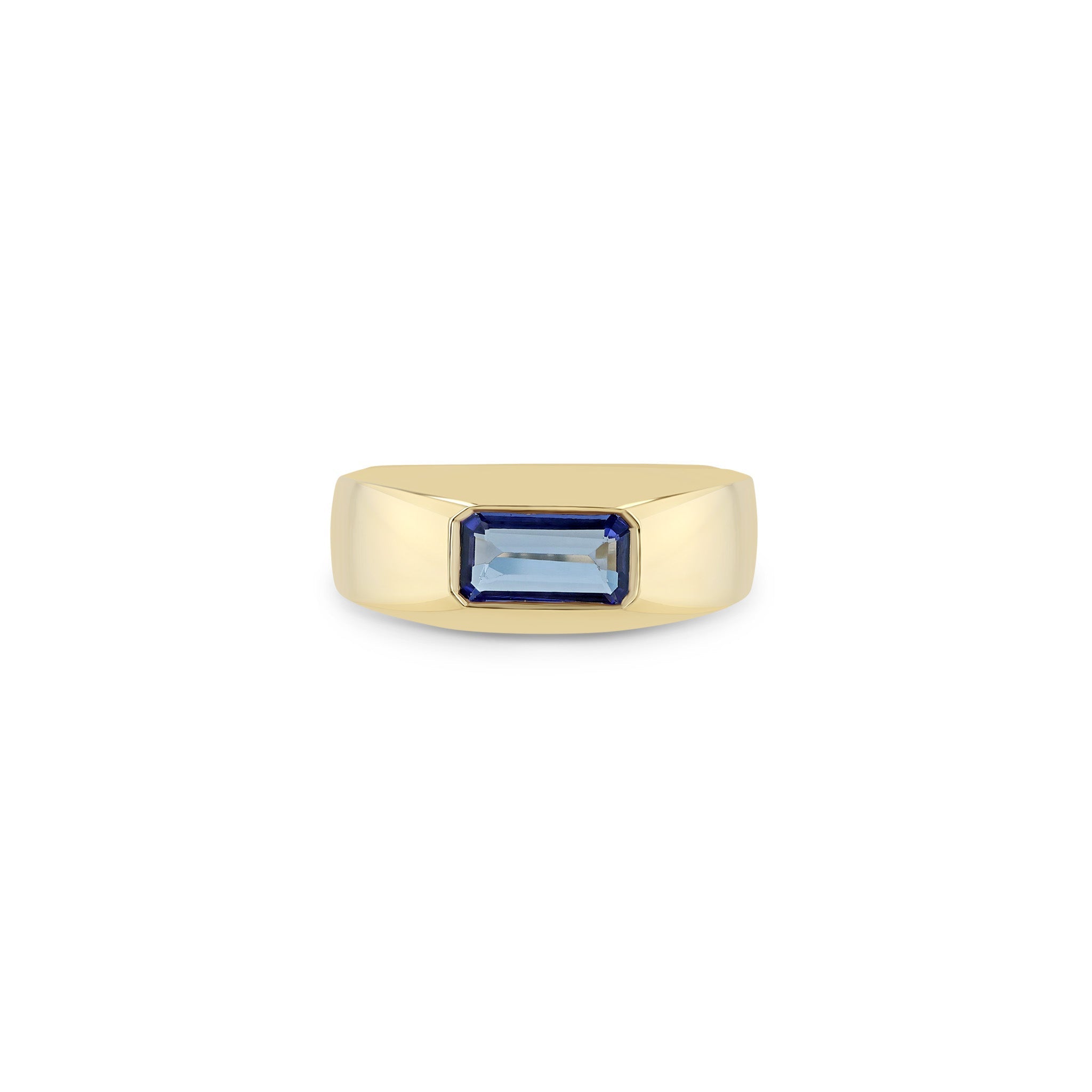 Zoe Chicco 14K Gold ring with a blue rectangular sapphire gemstone on a white background