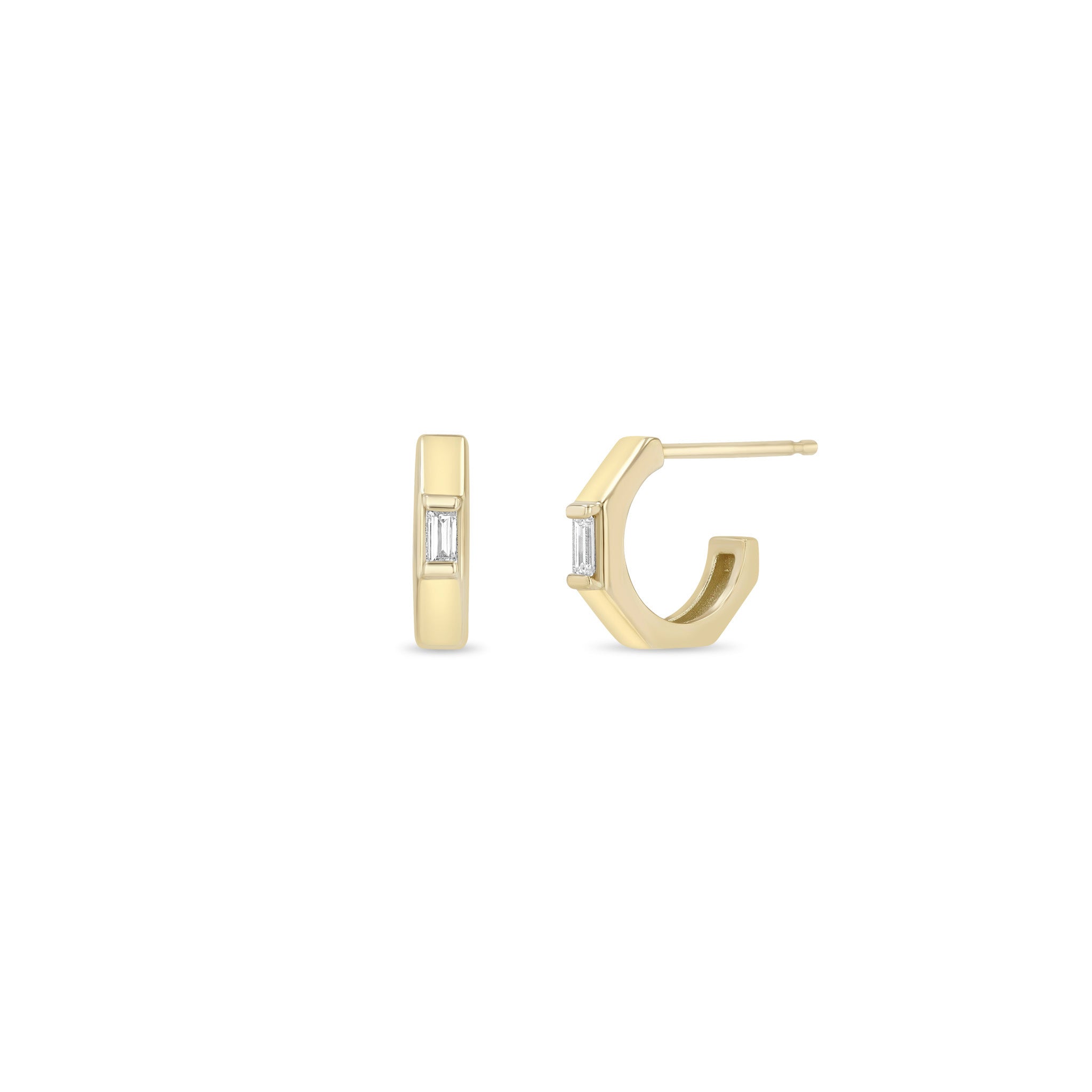Zoe Chicco 14k gold small hexagon shaped hoop earrings with small baguette diamonds on a white background