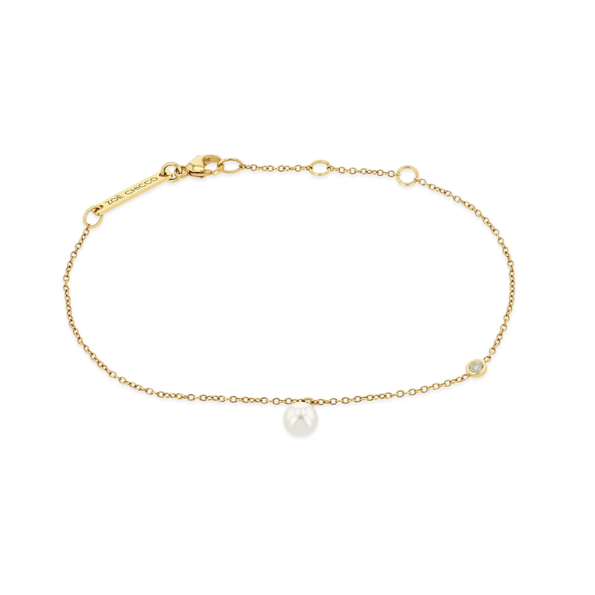 Zoë Chicco 14k Yellow Gold Pearl Charm Bracelet with Floating Diamond