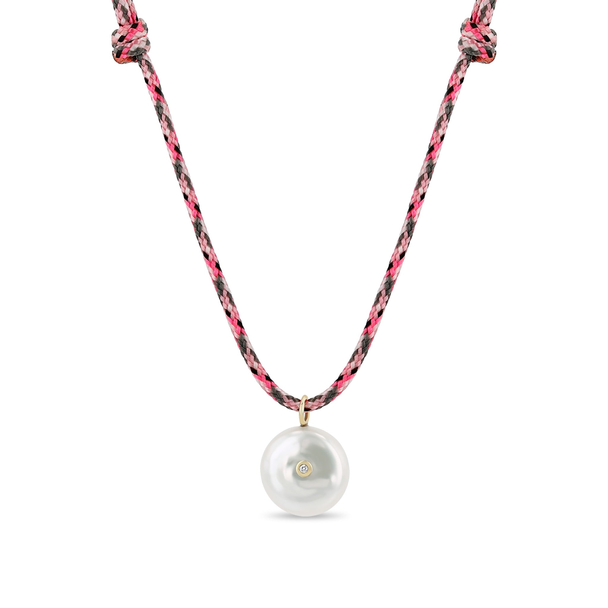 Zoe Chicco 14k gold freshwater pearl and diamond pink mix paracord necklace on a white background