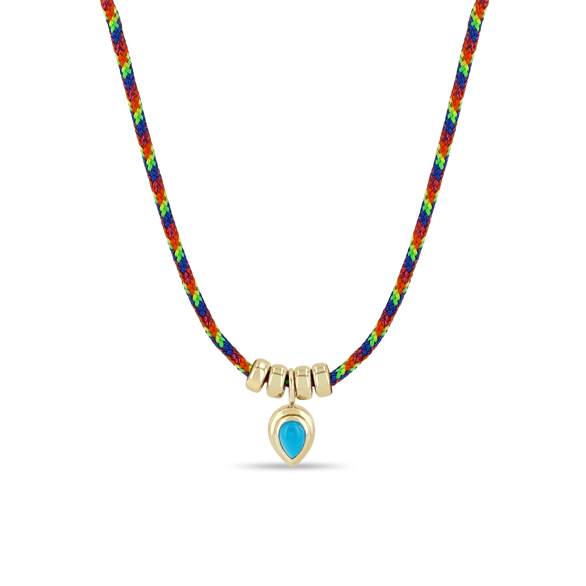 Zoë Chicco 14k Gold 5mm Rondelle Bead Paracord Necklace with Pear Turquoise Pendant in Rainbow on a white background