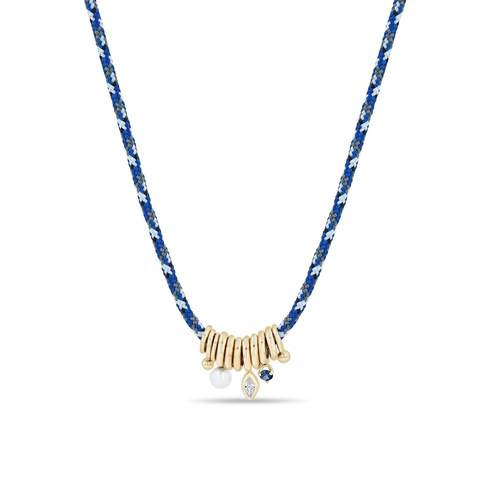 Zoe Chicco 14k gold navy mix paracord necklace with rings and a pearl, diamond, and blue sapphire charm on a white background