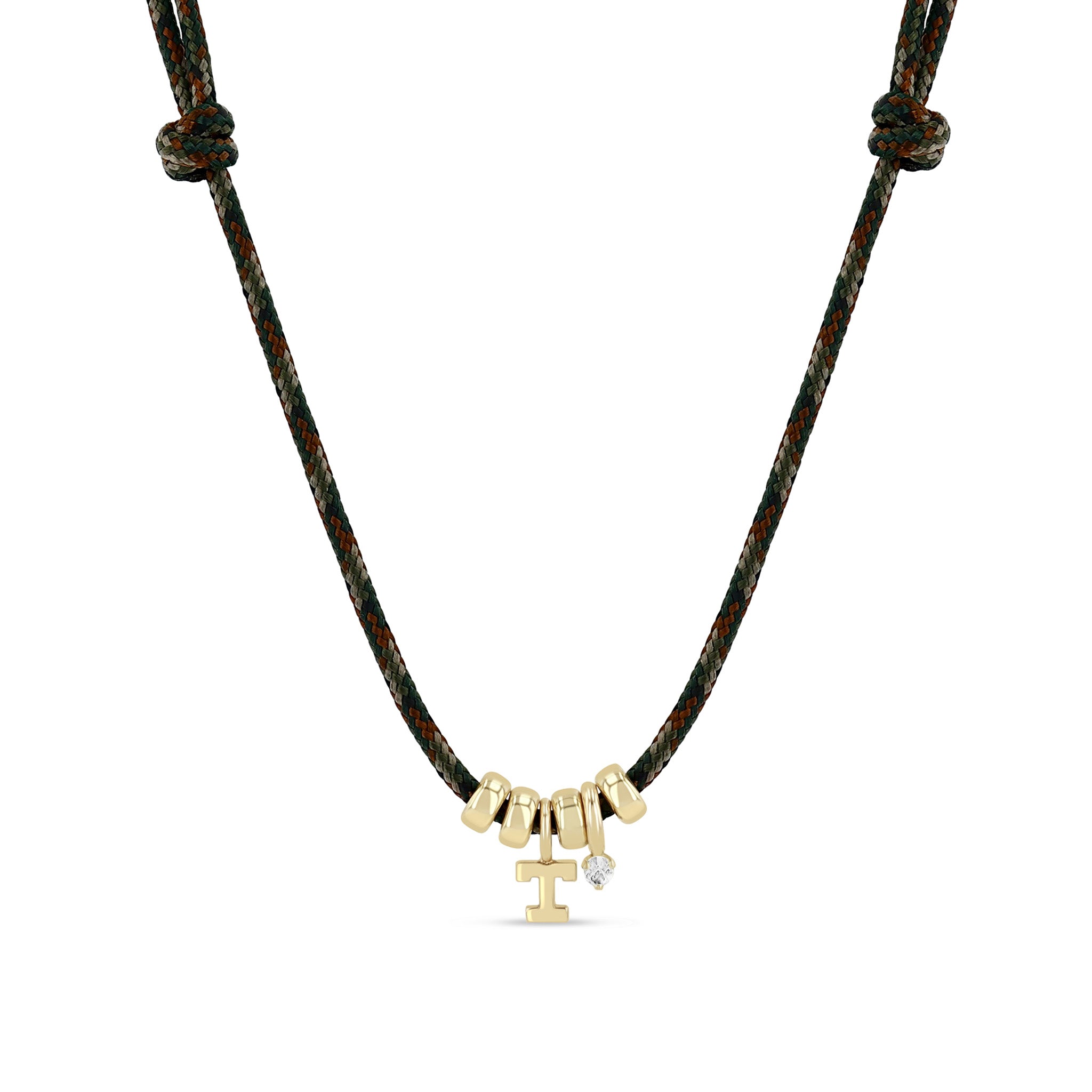 Zoe Chicco 14k gold rondelle bead and initial charm camo paracord necklace on a white background