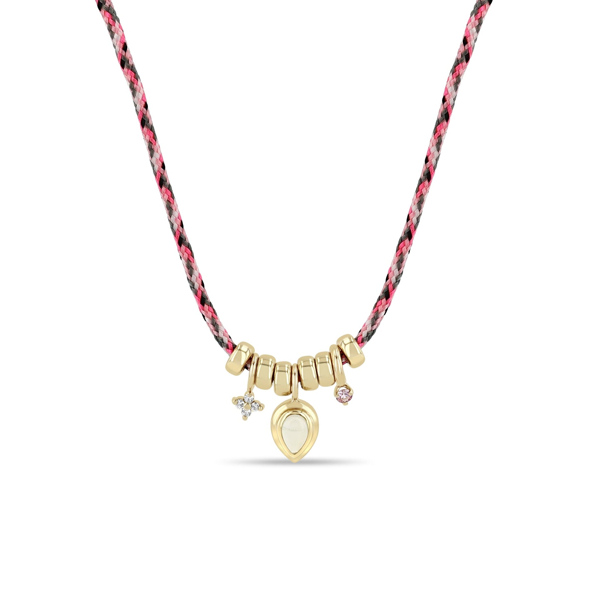 Zoe Chicco 14k Pear Opal, Pink Sapphire, & Diamond Rondelle Bead Pink Mix Paracord Necklace on a white background