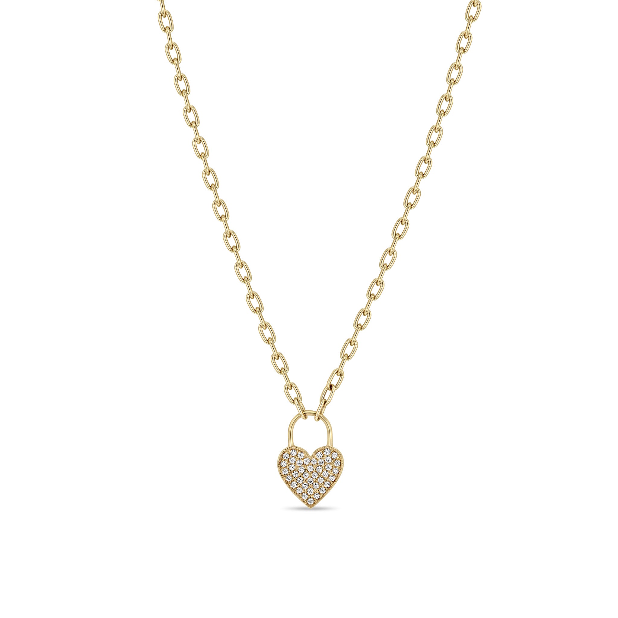 Zoë Chicco 14k Gold Pavé Diamond Heart Padlock Square Oval Link Necklace