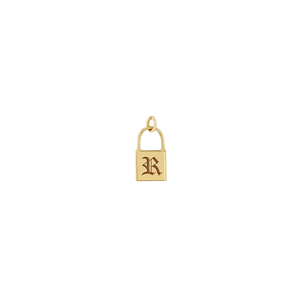 Zoe Chicco 14k gold lock-shaped pendant with an old english letter 'R' on a white background