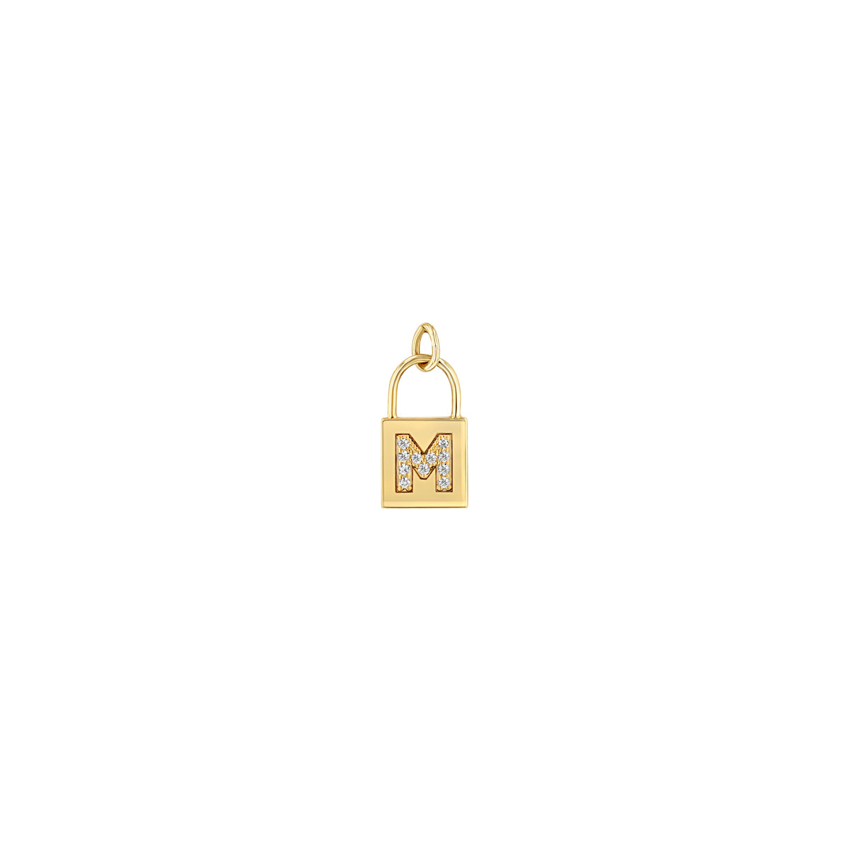 Zoe Chicco 14k gold lock-shaped charm pendant with an 'M' and small diamonds on a white background