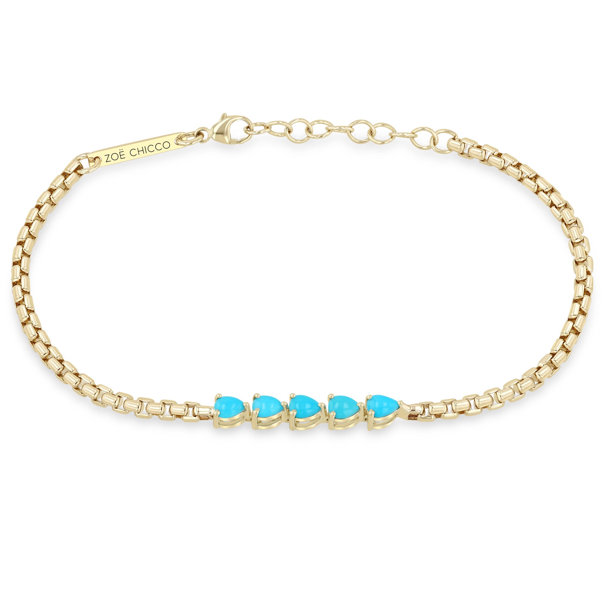 Zoe Chicco 14k box chain bracelet with a tennis segment of pear shaped turquoise gemstones on a white background