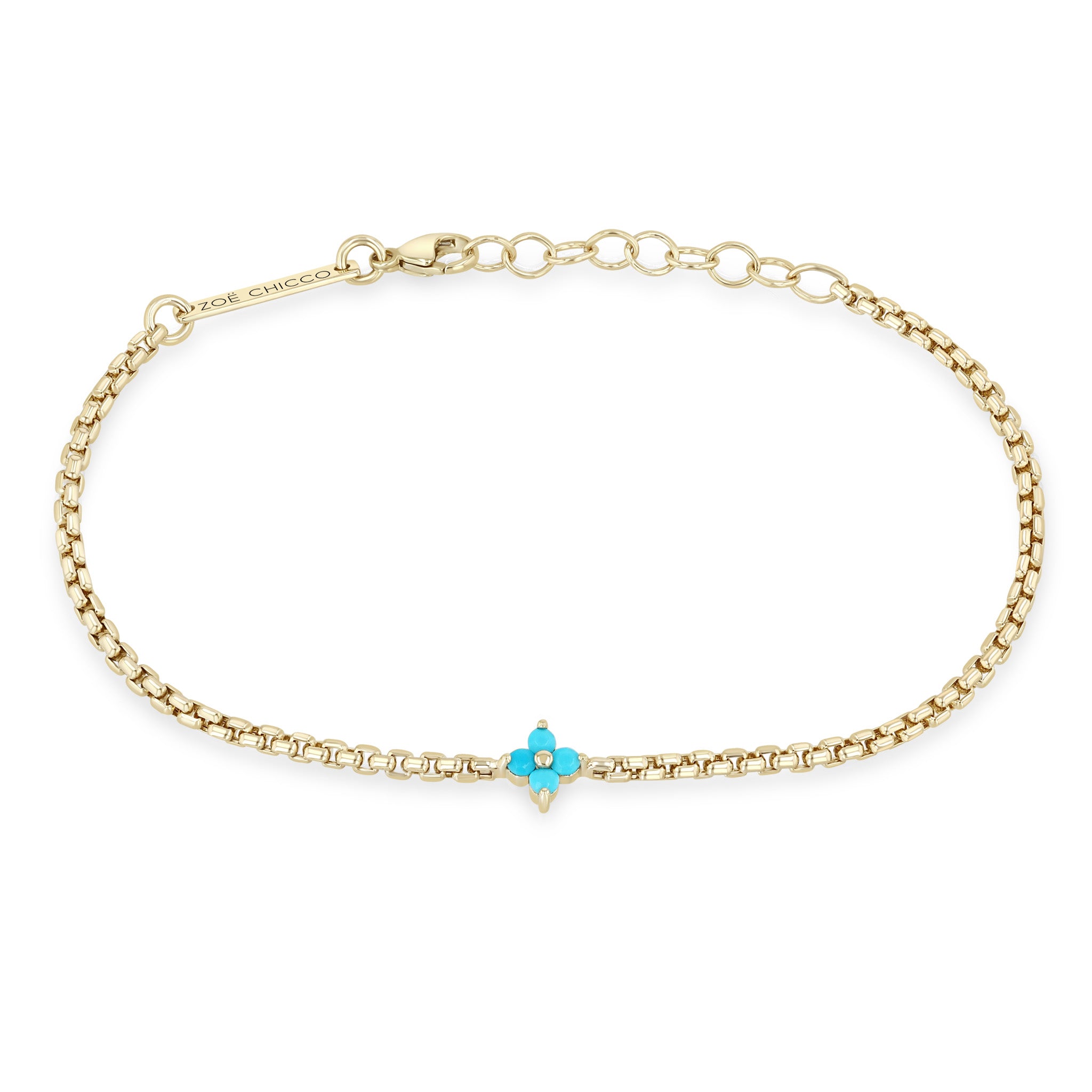 Zoe Chicco 14k gold box chain bracelet with a prong set turquoise quad on a white background
