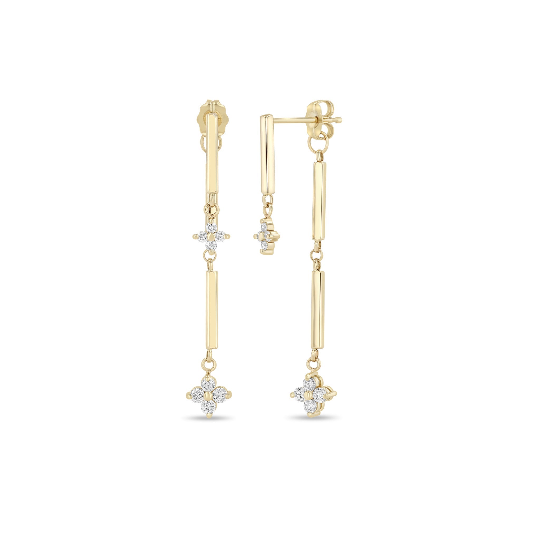Zoe Chicco 14k gold bar and diamond dangle earrings on a white background