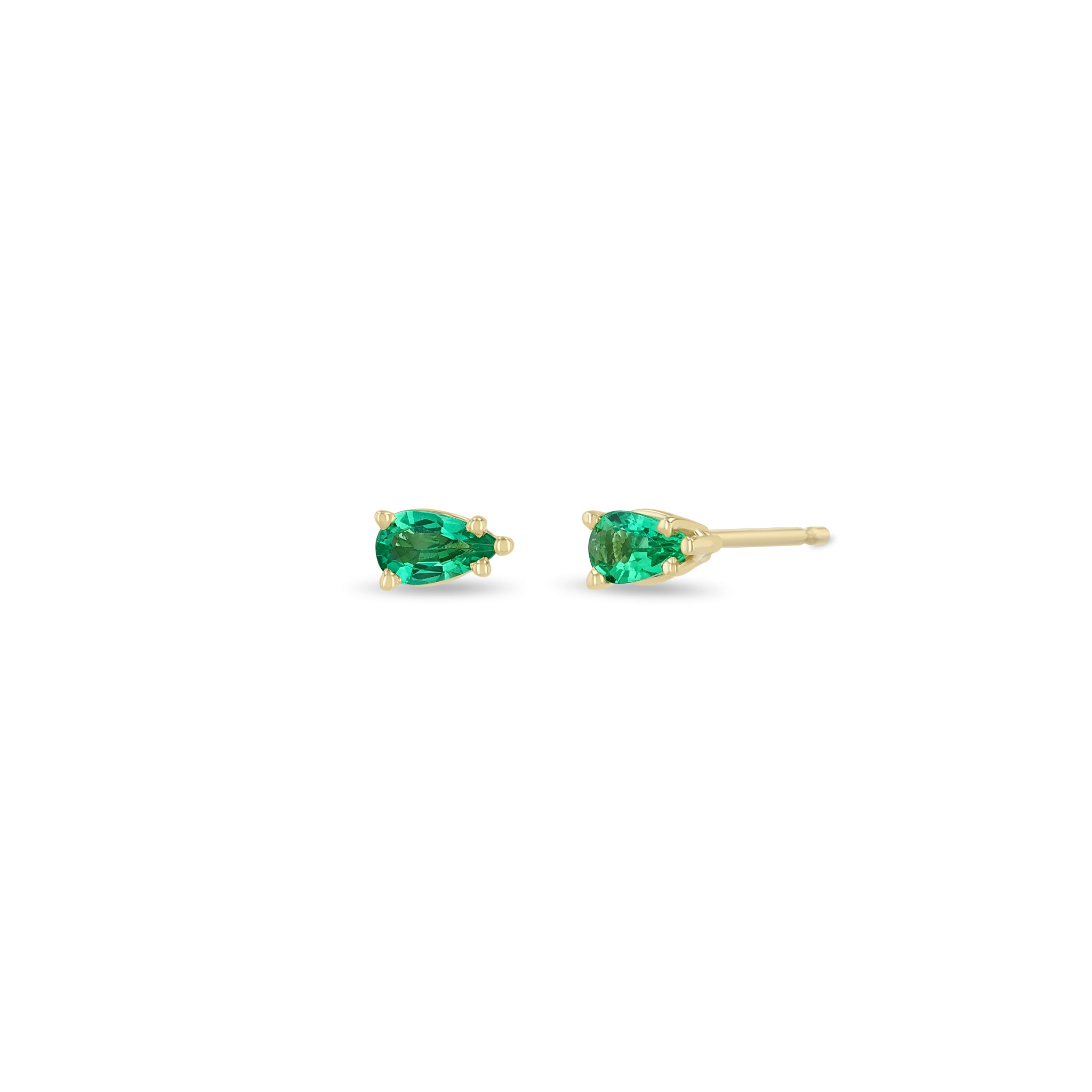 Zoe Chicco 14k Prong Pear Cut Emerald Studs on a white background