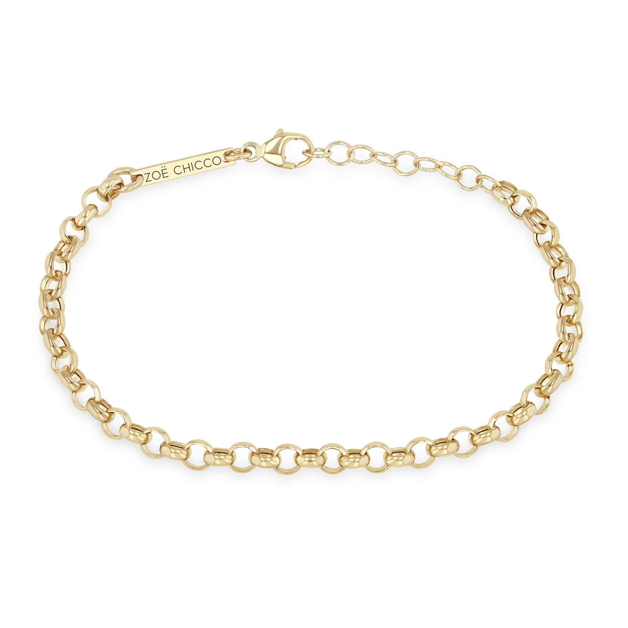 Zoe Chicco 14k gold chain bracelet on a white background with 'Zoe Chicco' branding.