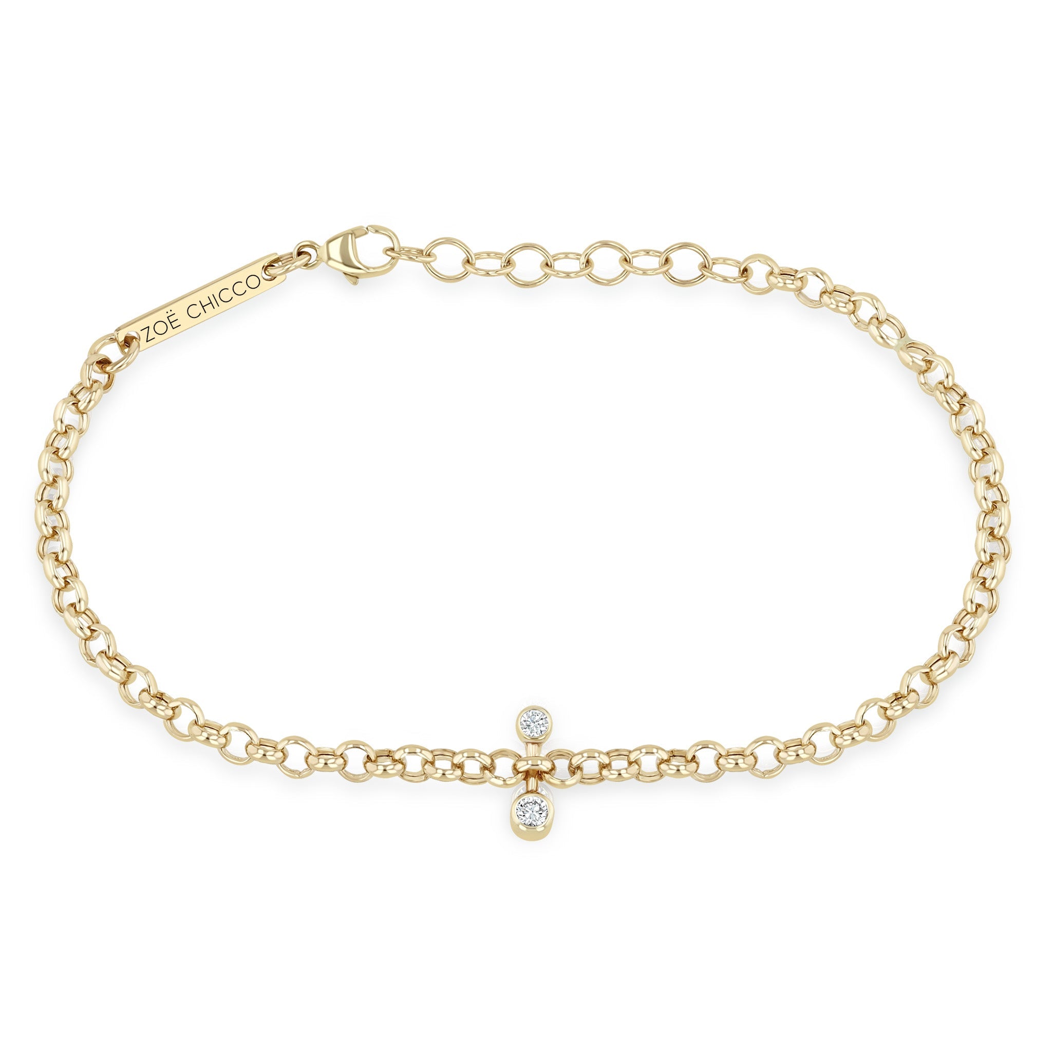 Zoe Chicco 14k gold chain bracelet with small diamond barbell on a white background