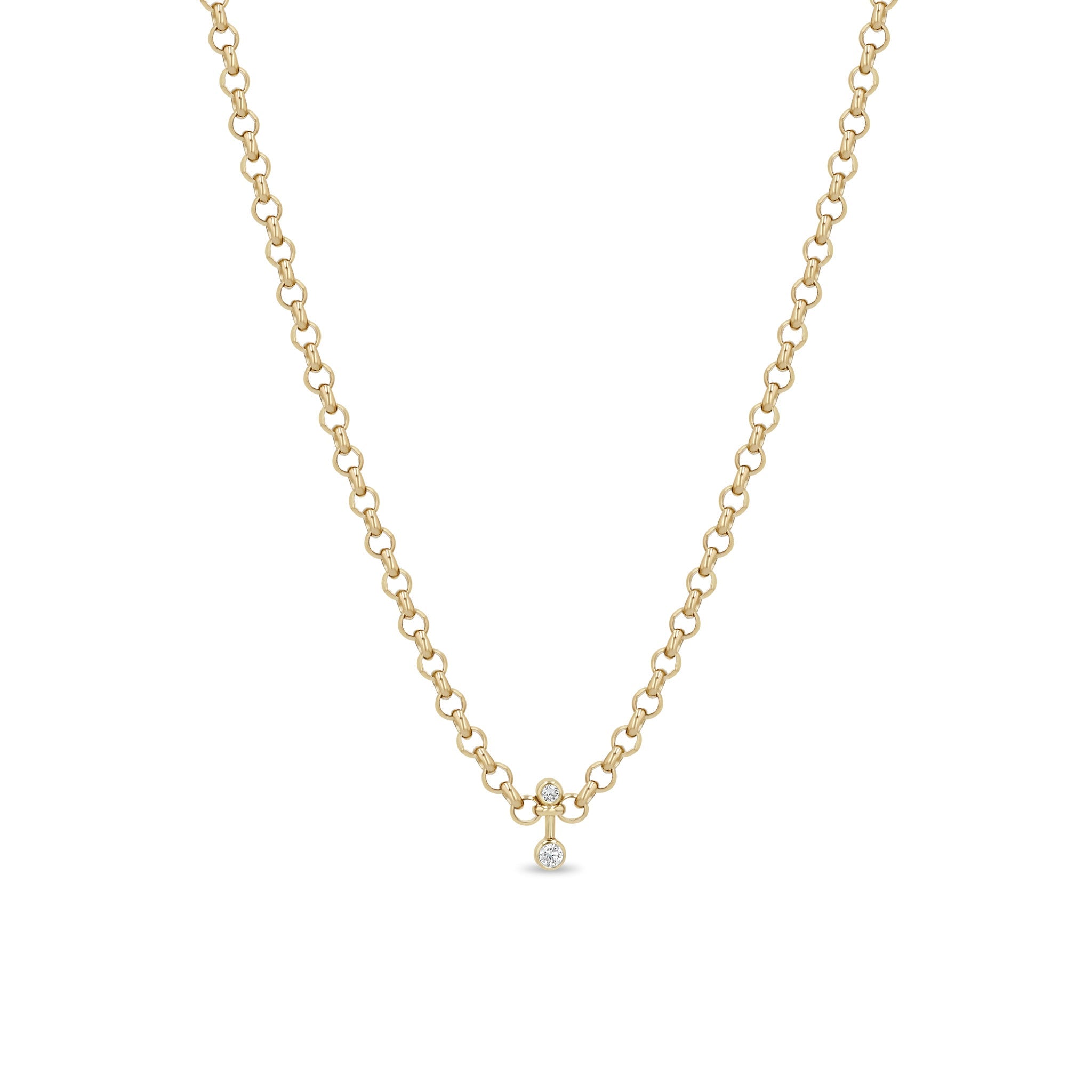 Zoe Chicco 14k gold chain necklace with a small barbell diamond pendant on a white background