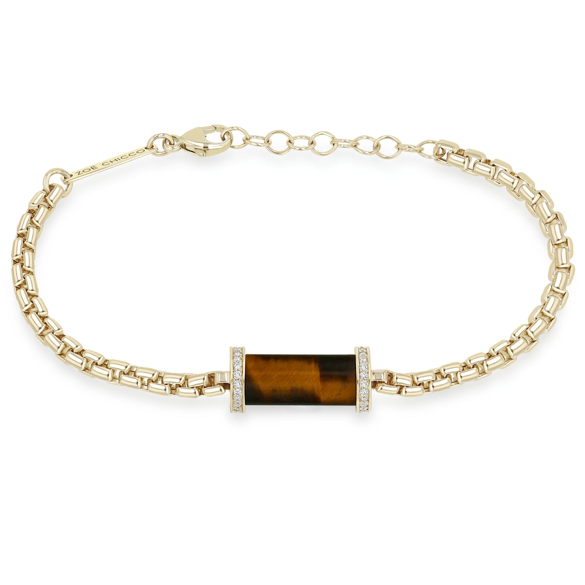 Zoe Chicco 14k Diamond Tiger Eye Tube Large Box Chain Bracelet