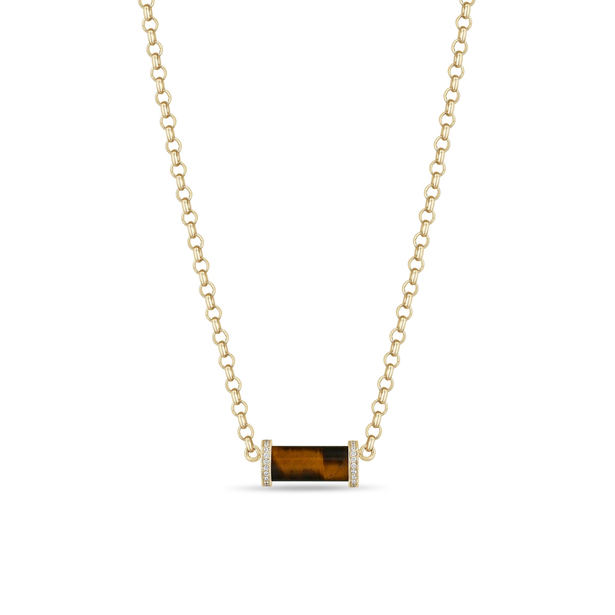 Zoe Chicco 14k Diamond Tiger Eye Tube Medium Rolo Chain Necklace