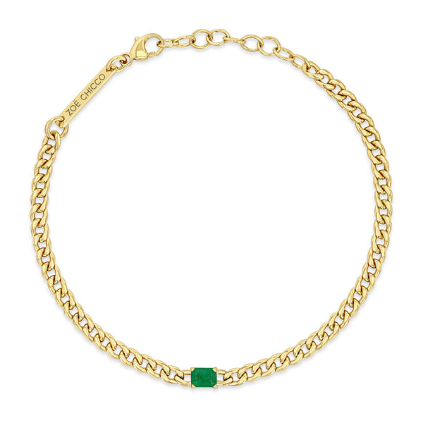 top down view of a Zoë Chicco 14k Gold Emerald Cut Emerald Small Curb Chain Bracelet