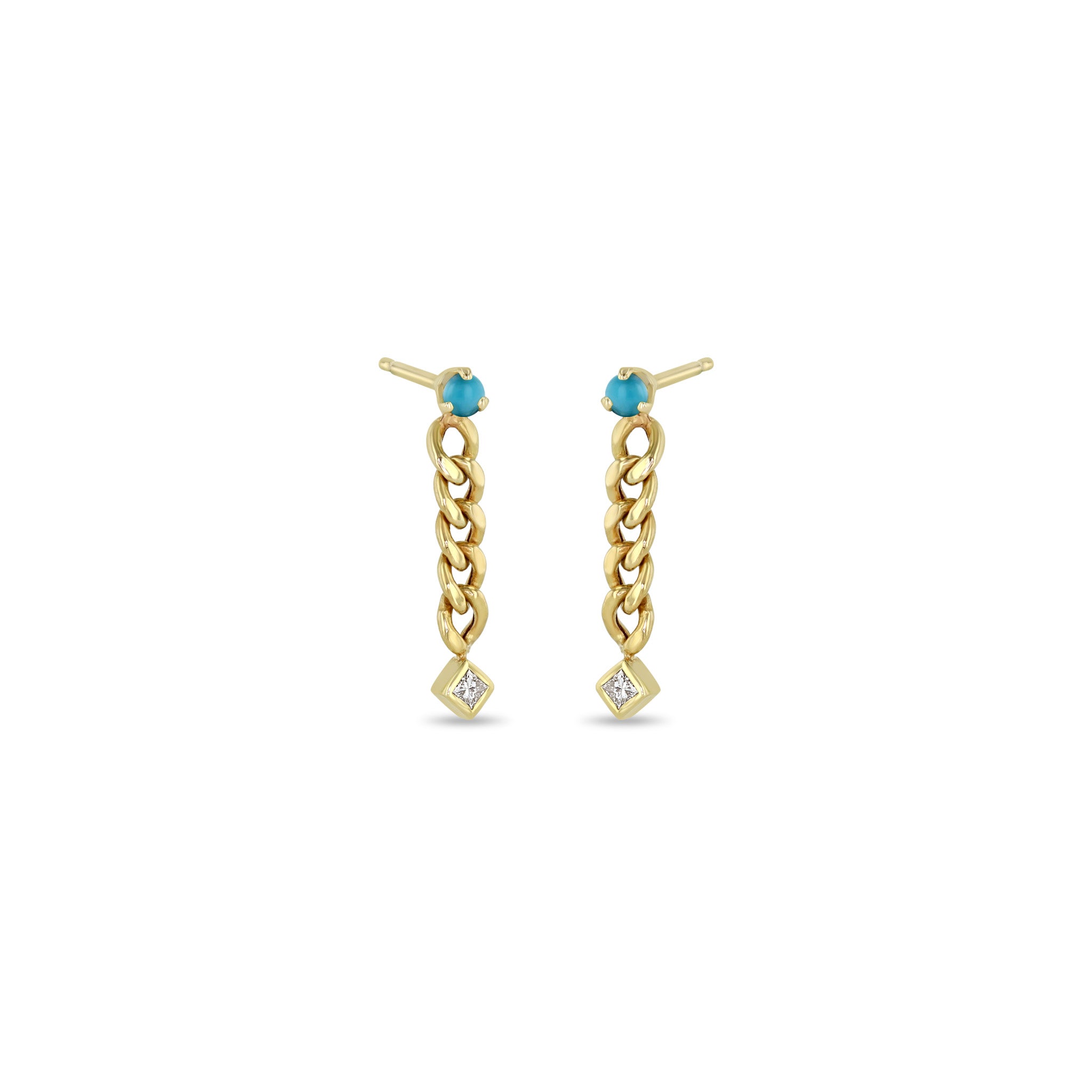 Zoë Chicco 14k Gold Prong Turquoise & Princess Diamond Small Curb Chain Drop Earrings