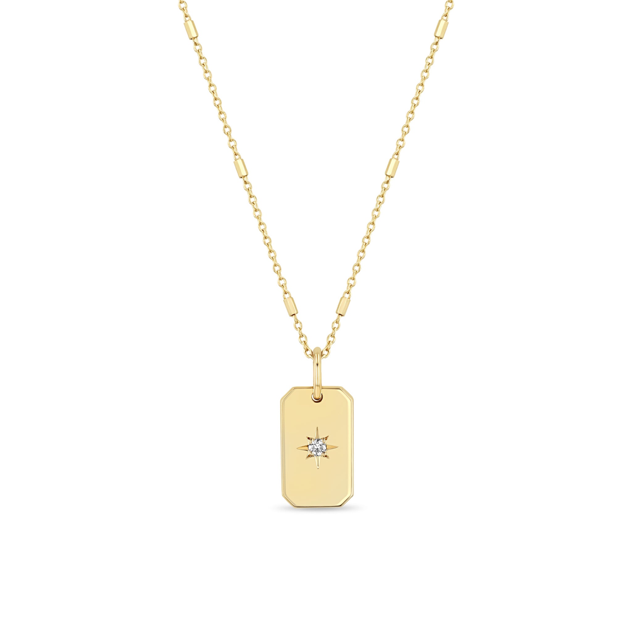 Zoë Chicco 14k Gold Star Set Diamond Small Square Edge Dog Tag Necklace on a Bar and Cable Chain