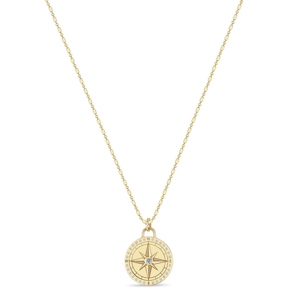 Zoë Chicco 14k Gold Small Compass Medallion Tube Bar Chain Necklace with Diamond Border