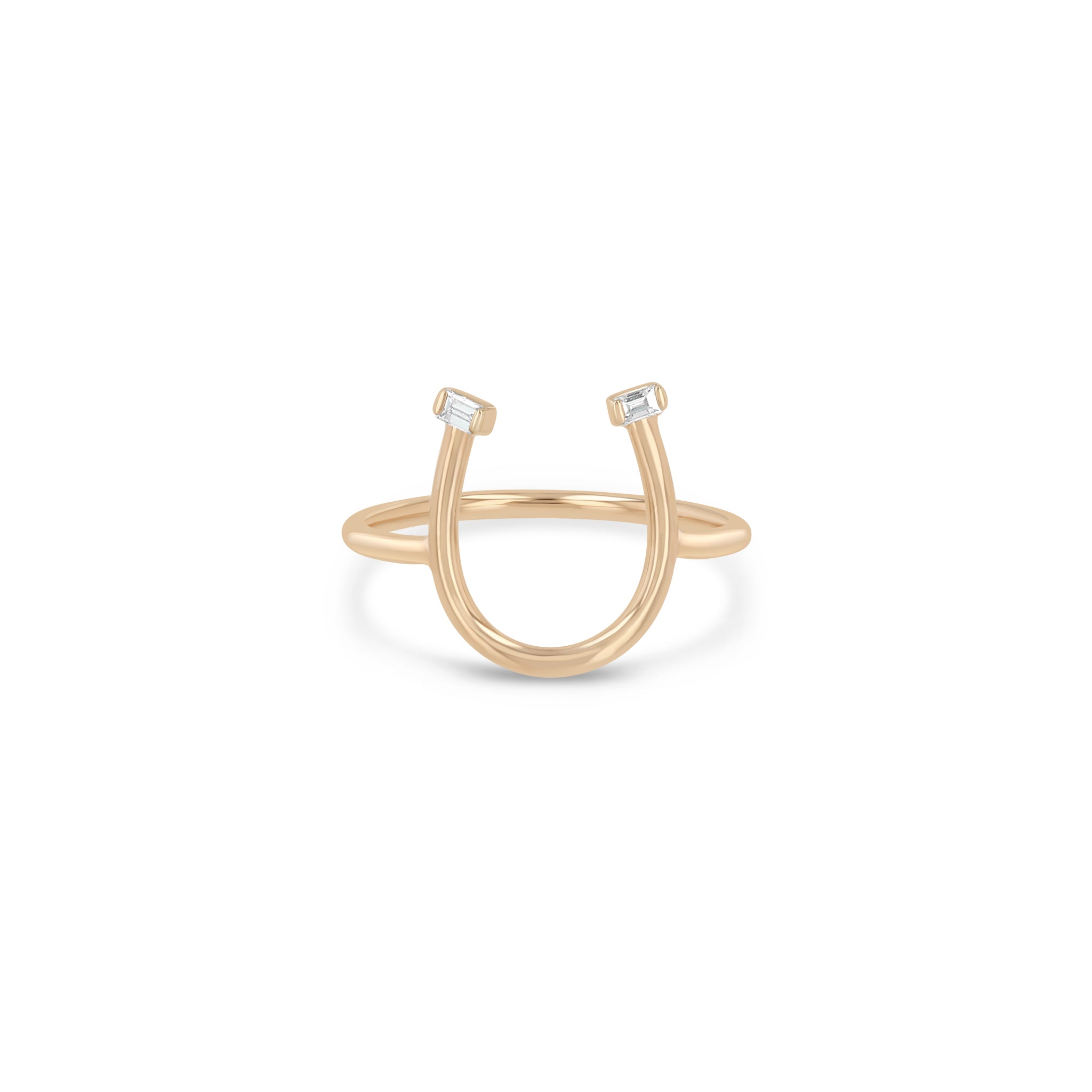 Zoe Chicco 14k rose gold horseshoe-shaped ring with small baguette diamonds on a white background