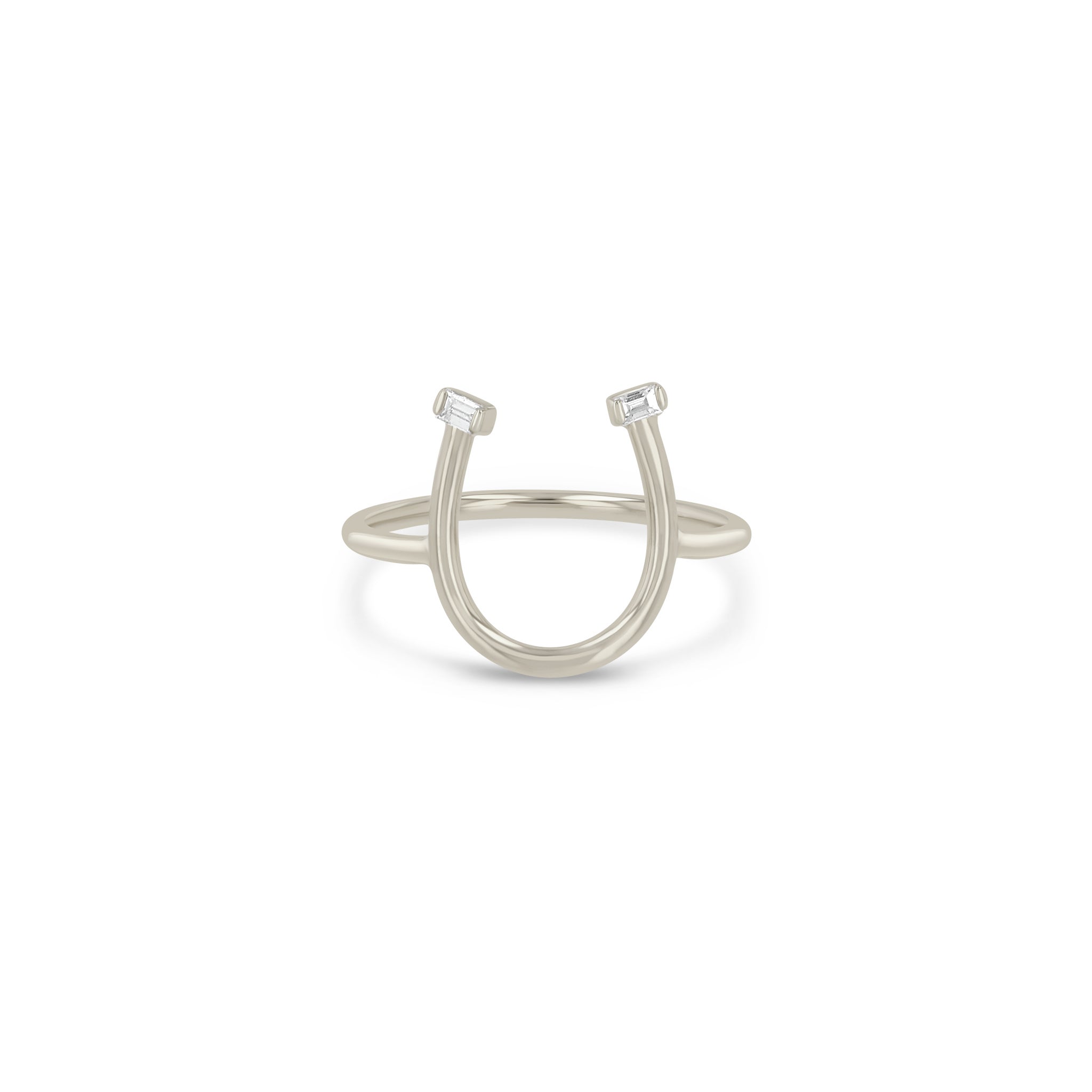 Zoe Chicco 14k white gold horseshoe-shaped ring with small baguette diamonds on a white background