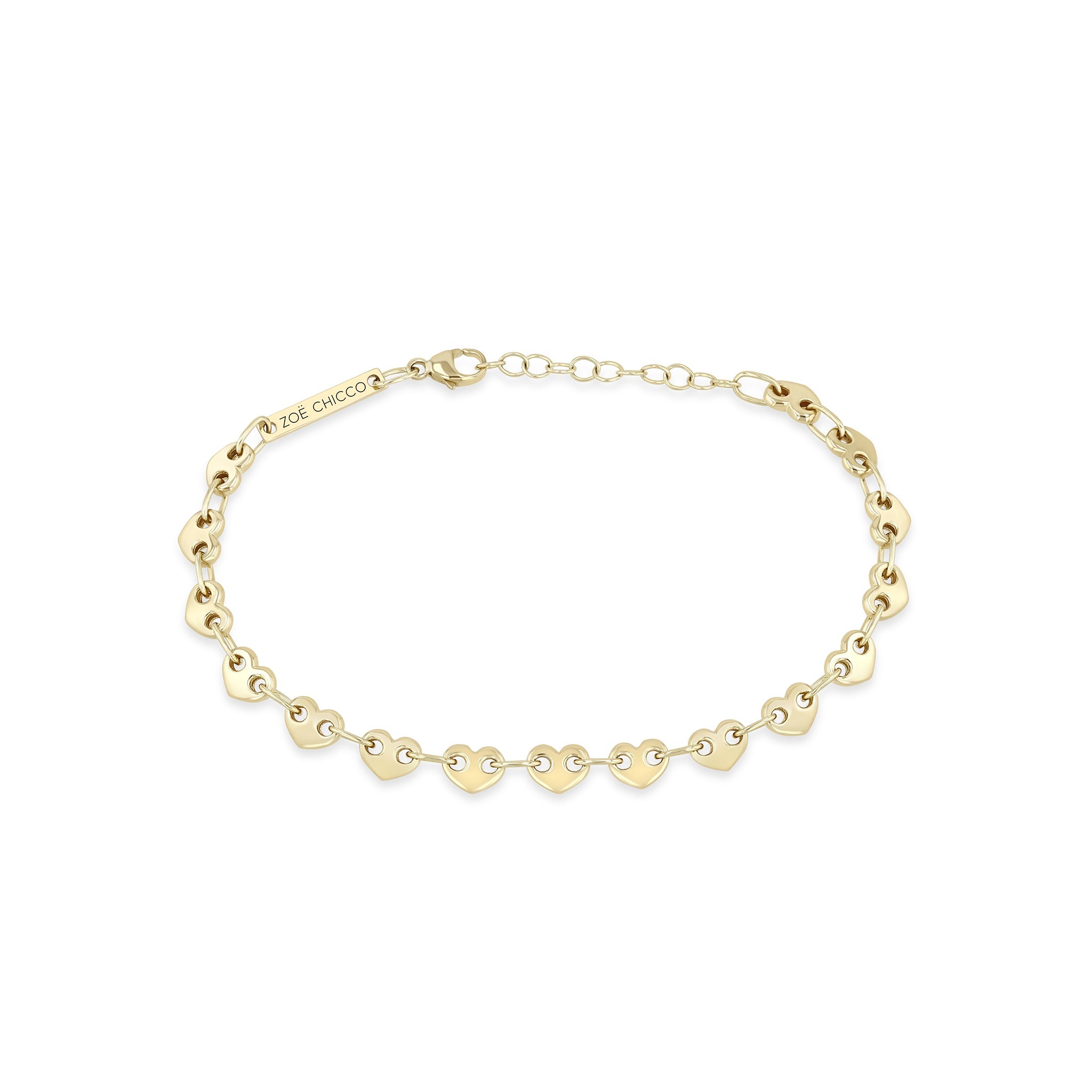 Zoe Chicco 14k gold heart shaped link chain bracelet on a white background
