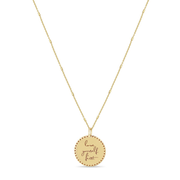 Zoë Chicco 14k Gold Small Mantra with Heart Border Necklace engraved with "love yourself first"