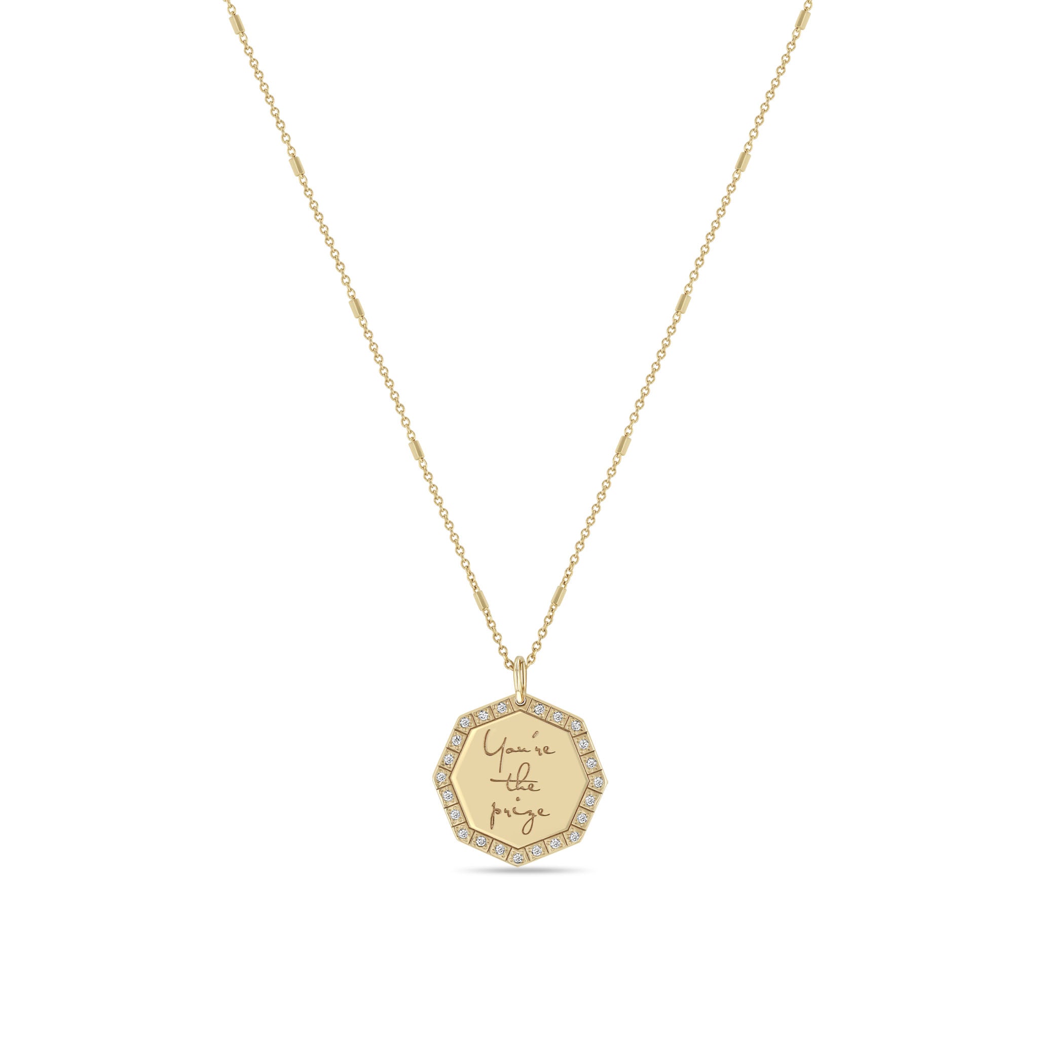 Zoë Chicco 14k Gold Small "You're the prize" Diamond Octagon Mantra Necklace