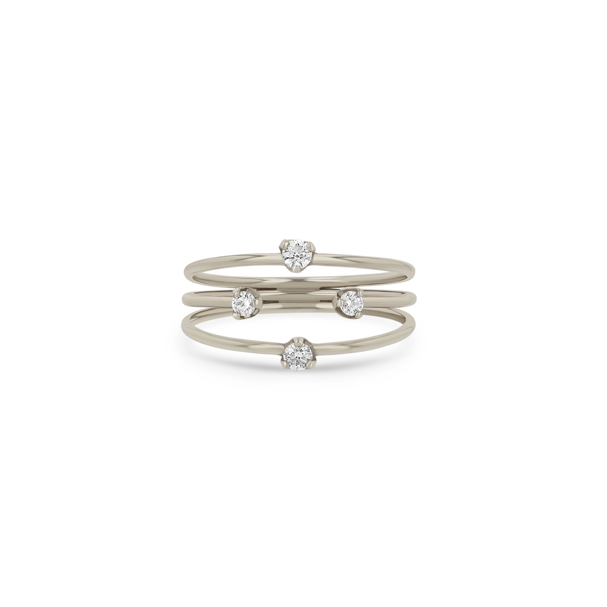 Zoe Chicco 14k white gold triple band prong diamond ring on a white background