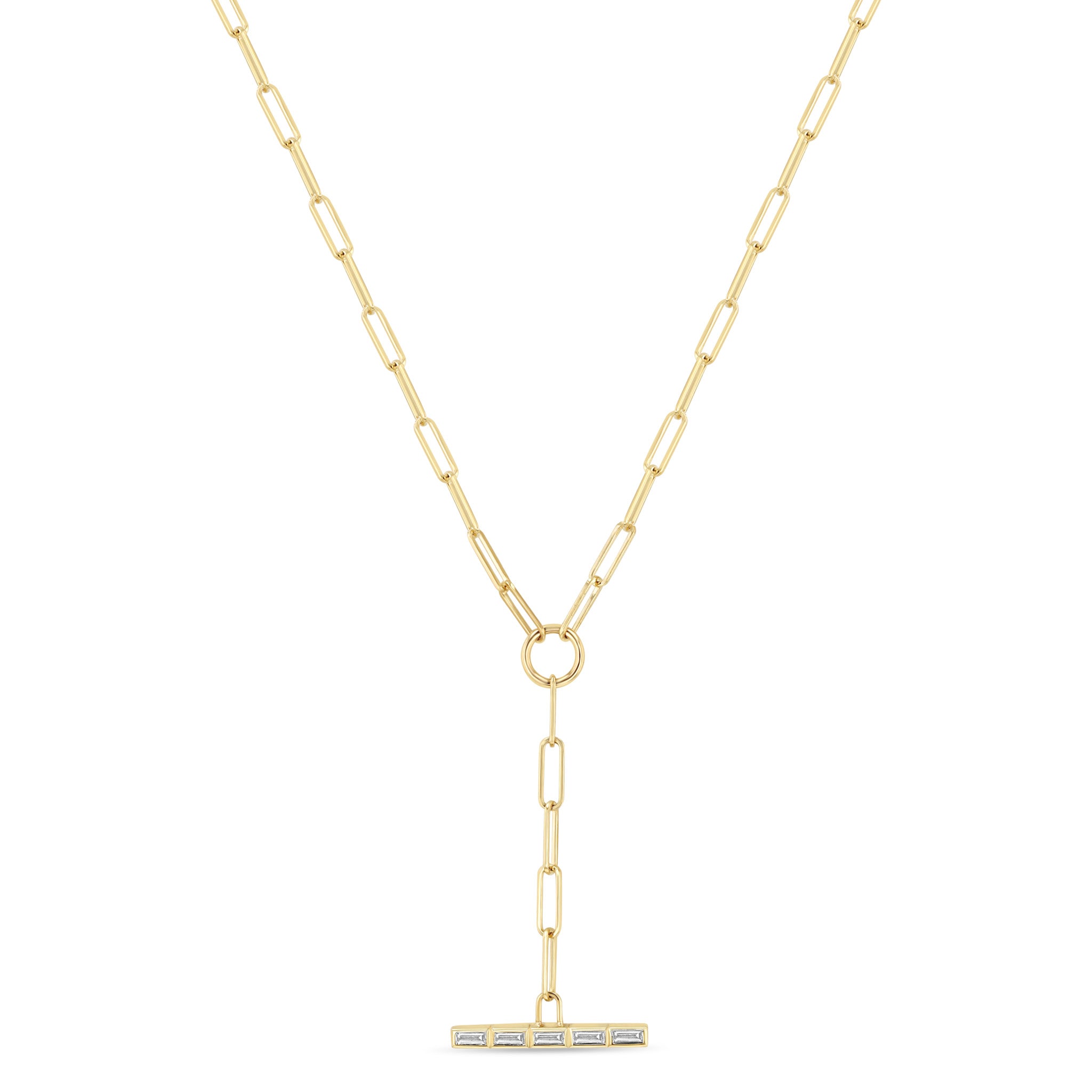 Zoë Chicco 14k Gold Channel Set Baguette Diamond Bar Paperclip Chain Lariat Necklace