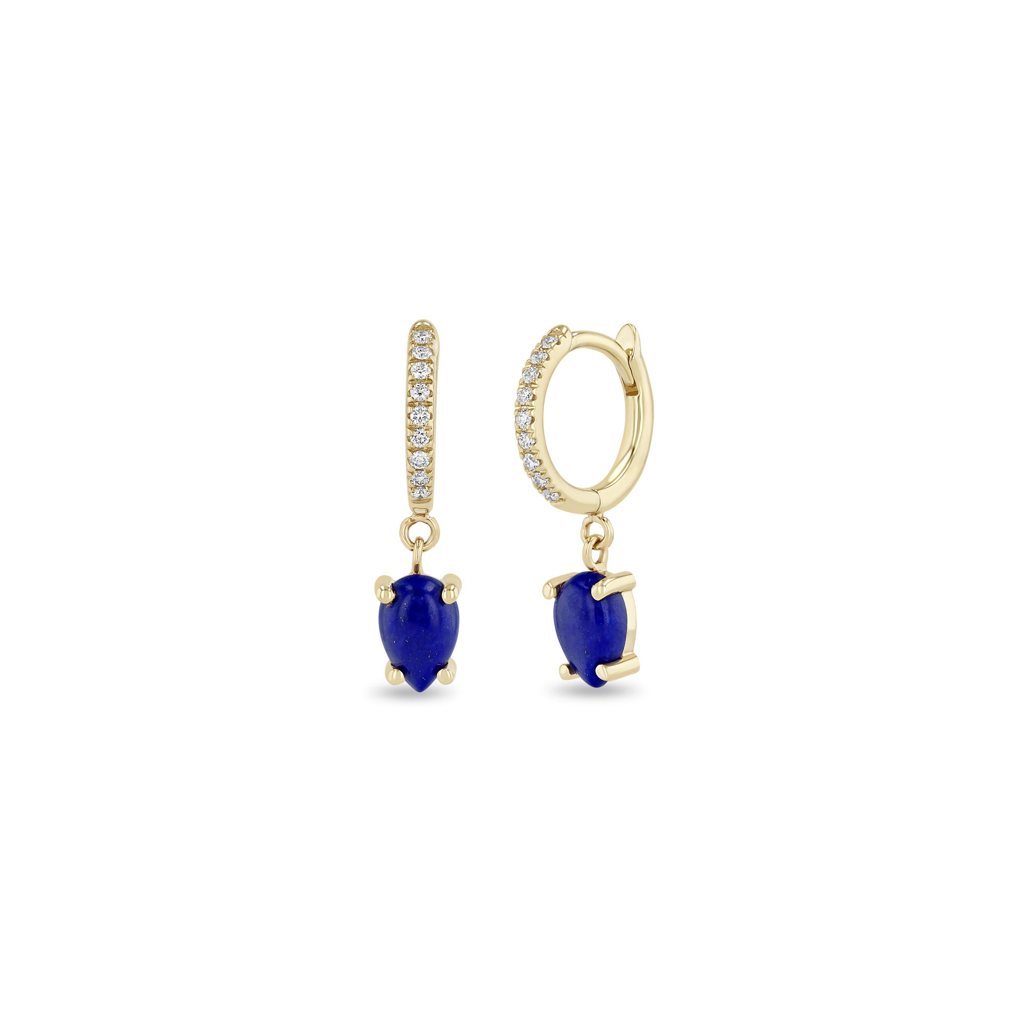14k Dangling Pear Lapis Small Pavé Diamond Hinge Huggie Hoops