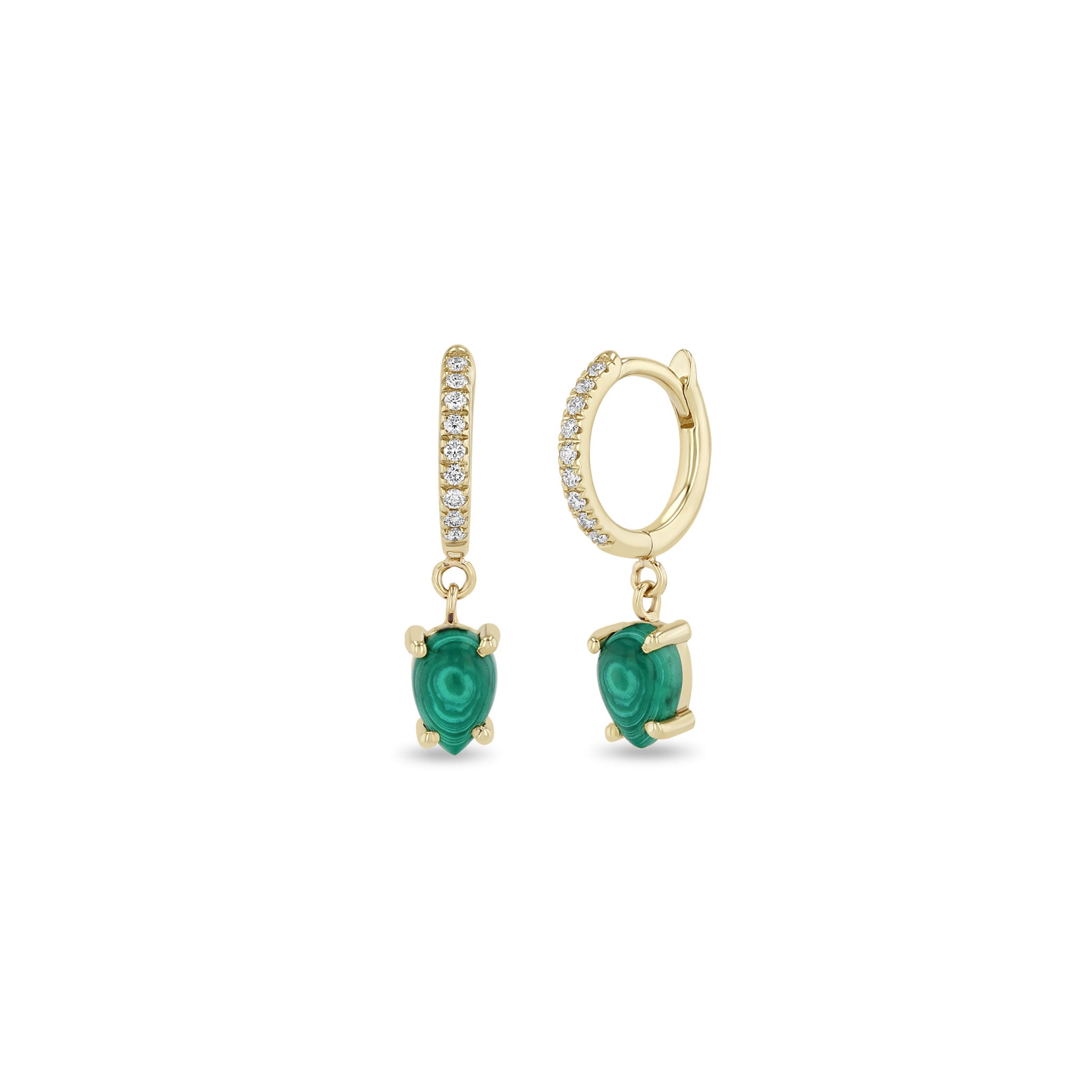 Zoe Chicco 14k Yellow Gold Dangling Pear Malachite Small Pavé Diamond Hinge Huggie Hoops