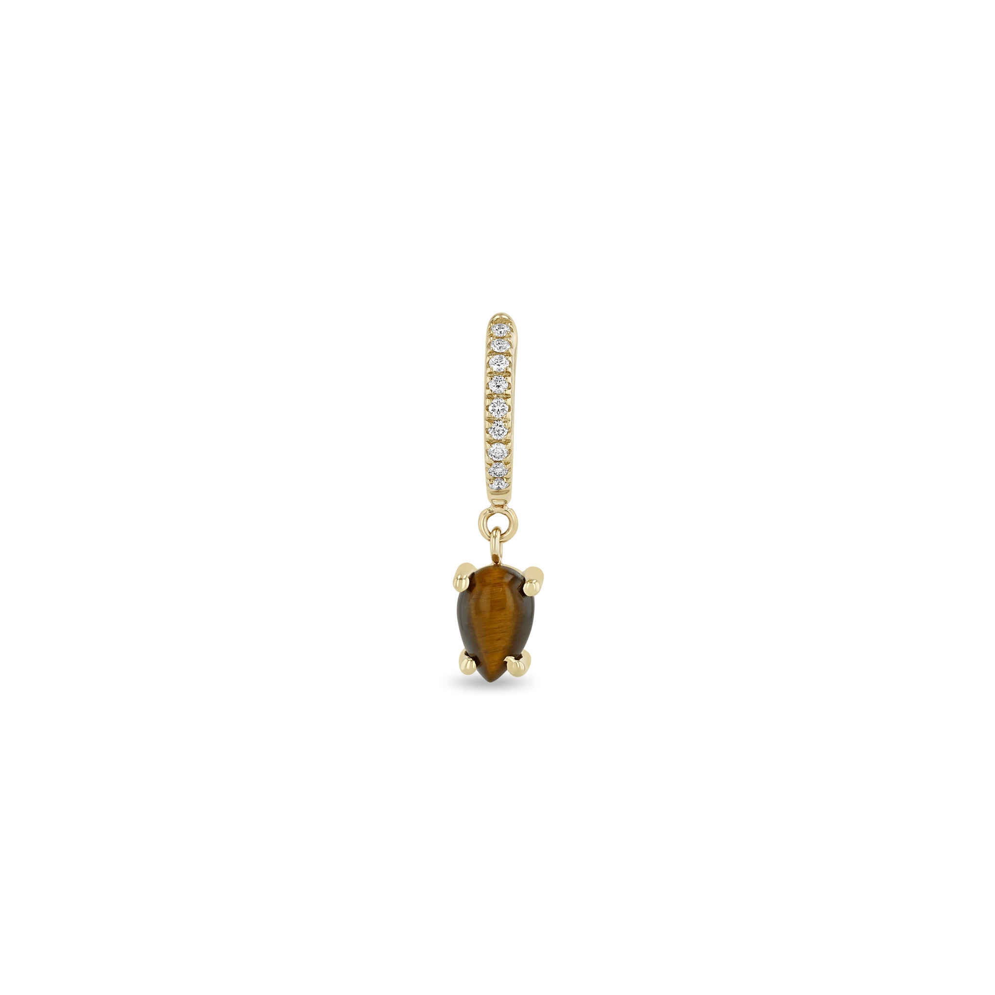 Zoe Chicco gold earring with a tiger's eye stone and diamonds on a white background