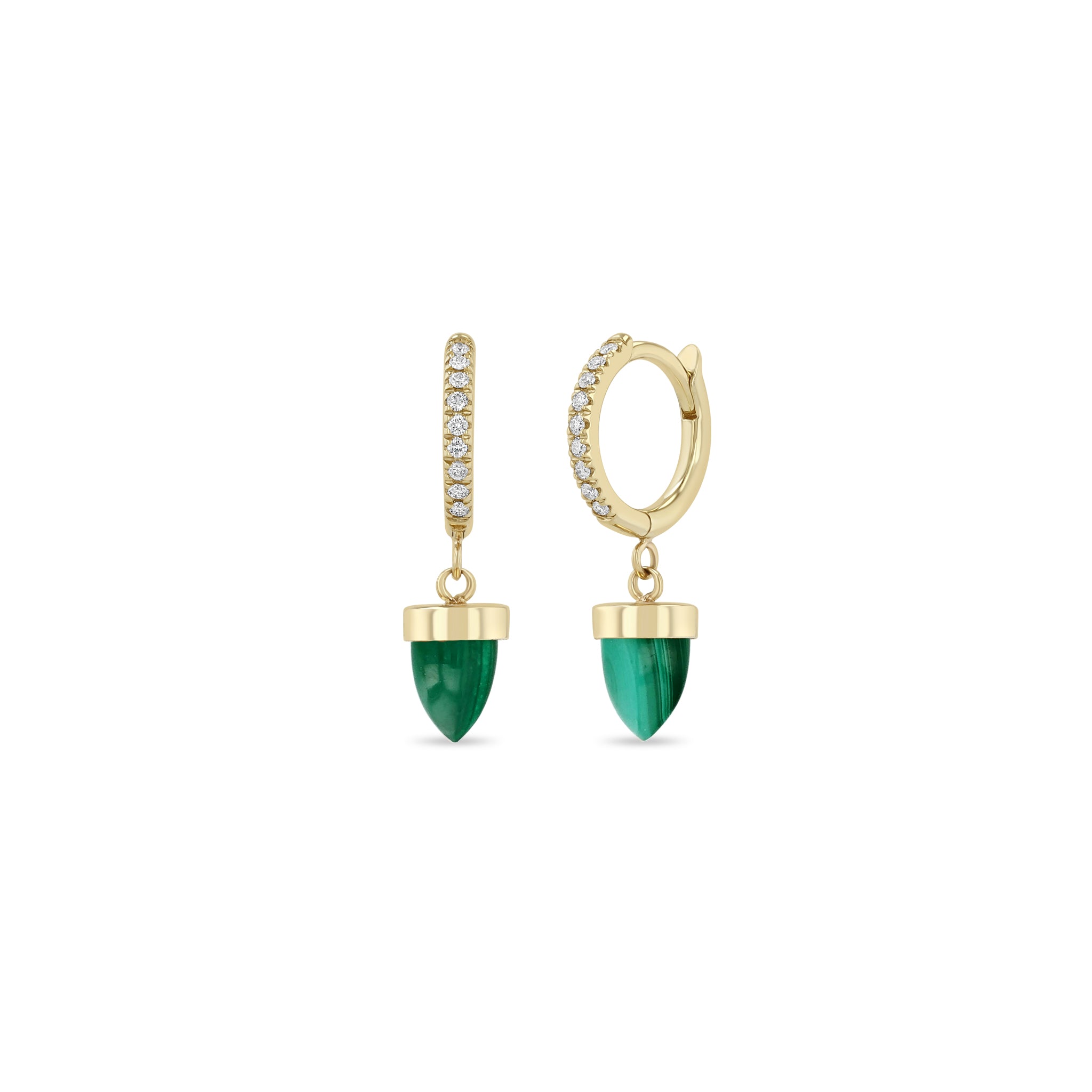 Zoe Chicco 14k gold and pave diamond Malachite Bullet Huggie Hoops on a white background