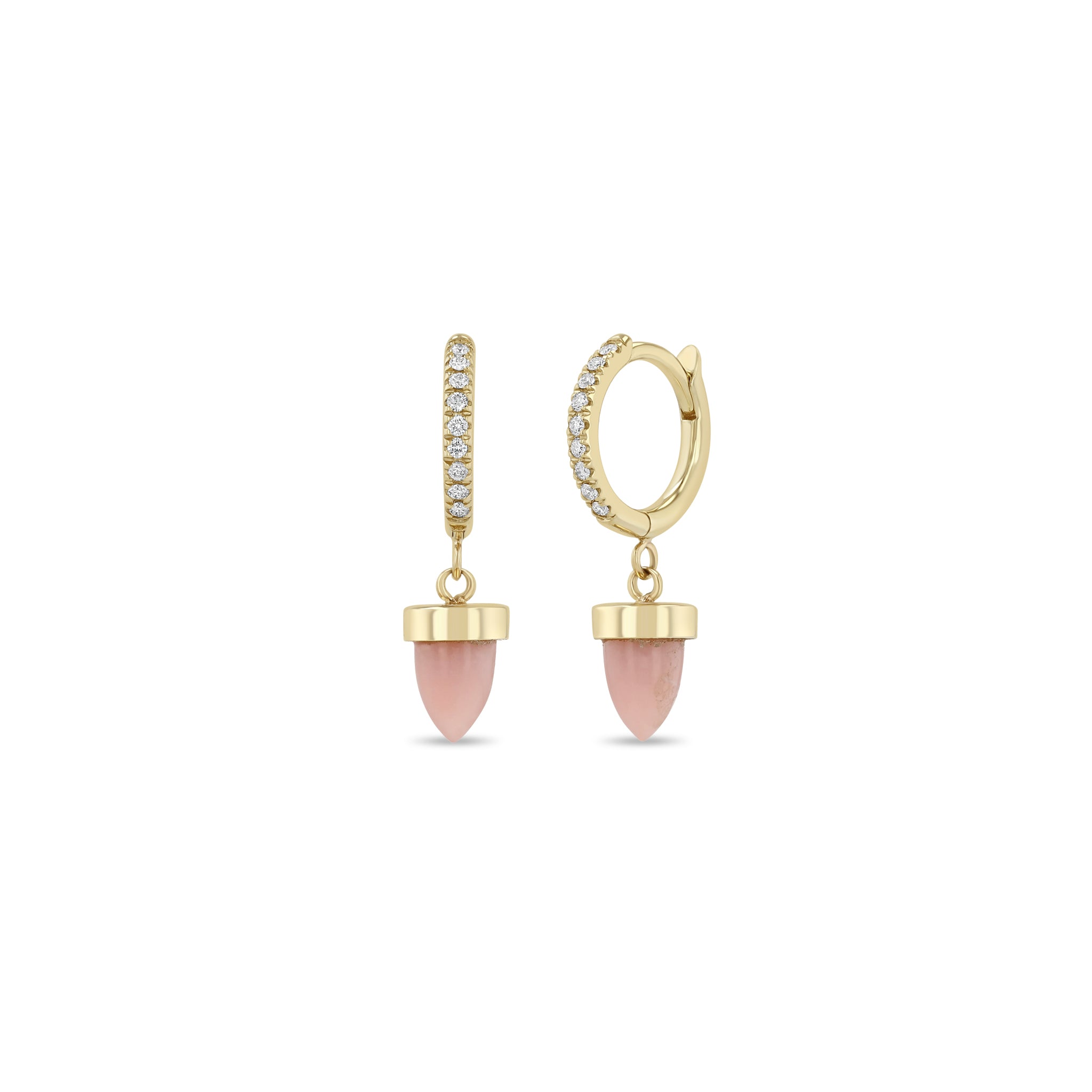 Zoe Chicco 14k Gold Pink Opal Bullet Huggie Hoops with pave diamonds on a white background