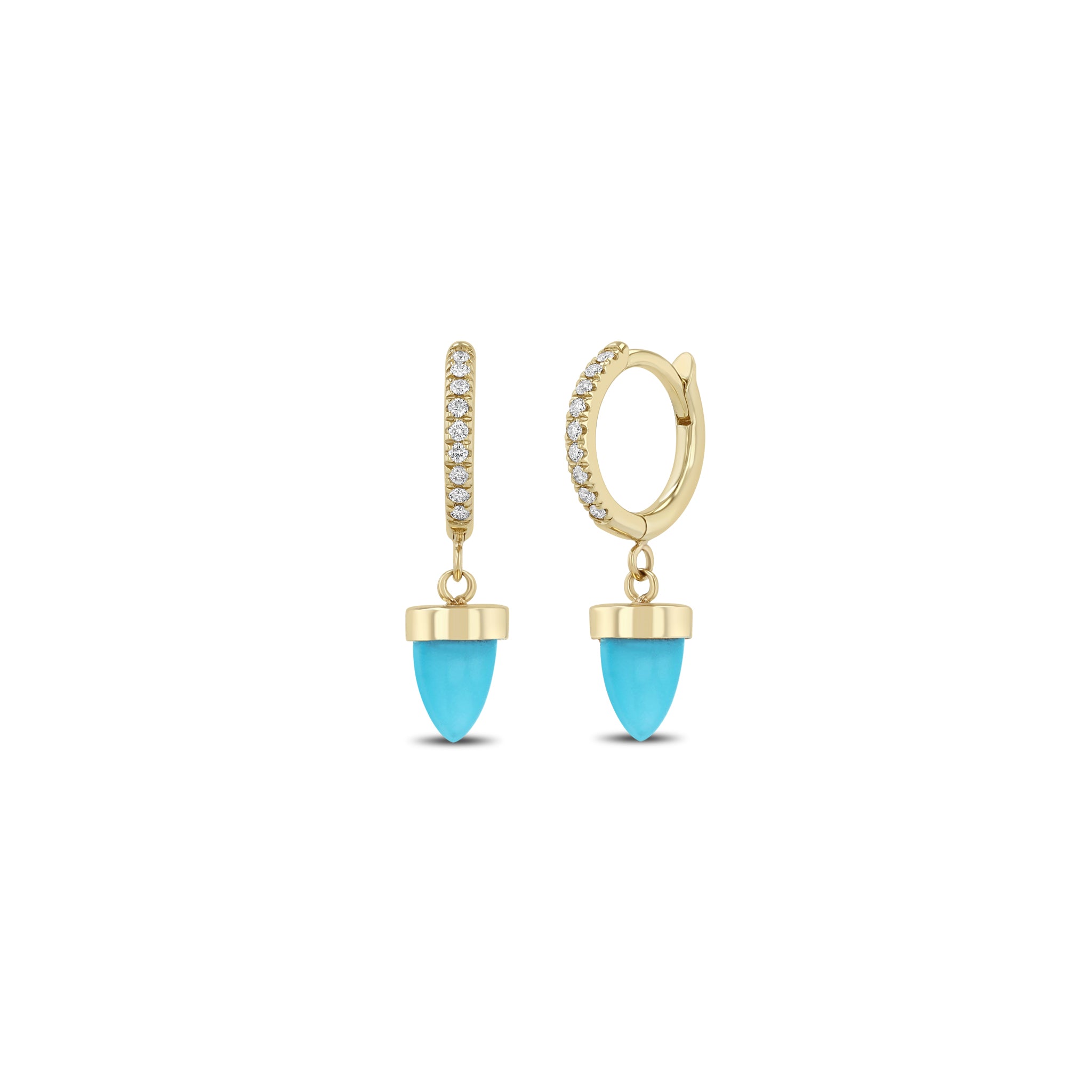 Zoe Chicco 14k Gold and Pave Diamond Turquoise Bullet Huggie Hoops on a white background