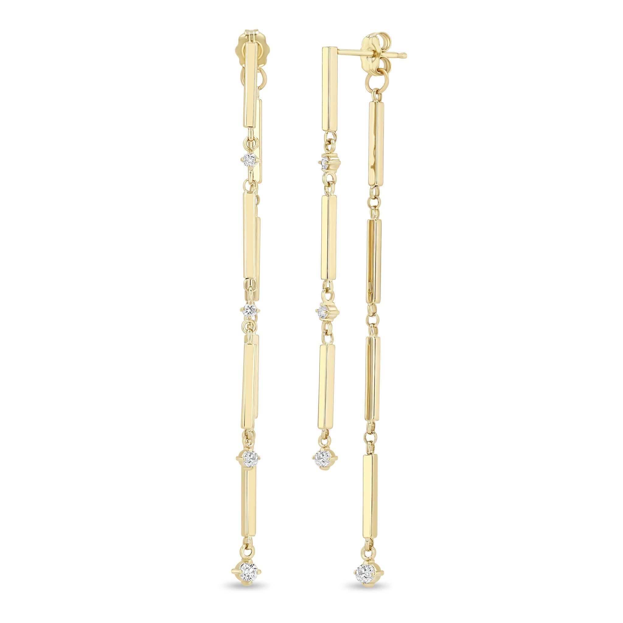 Zoe Chicco 14k gold bar and diamond dangle earrings on a white background