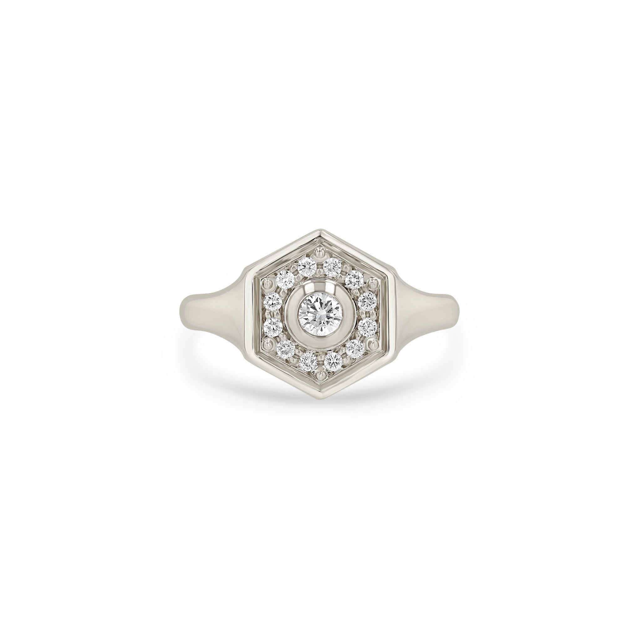 Zoe Chicco 14k white gold hexagon signet ring with pave diamonds on a white background