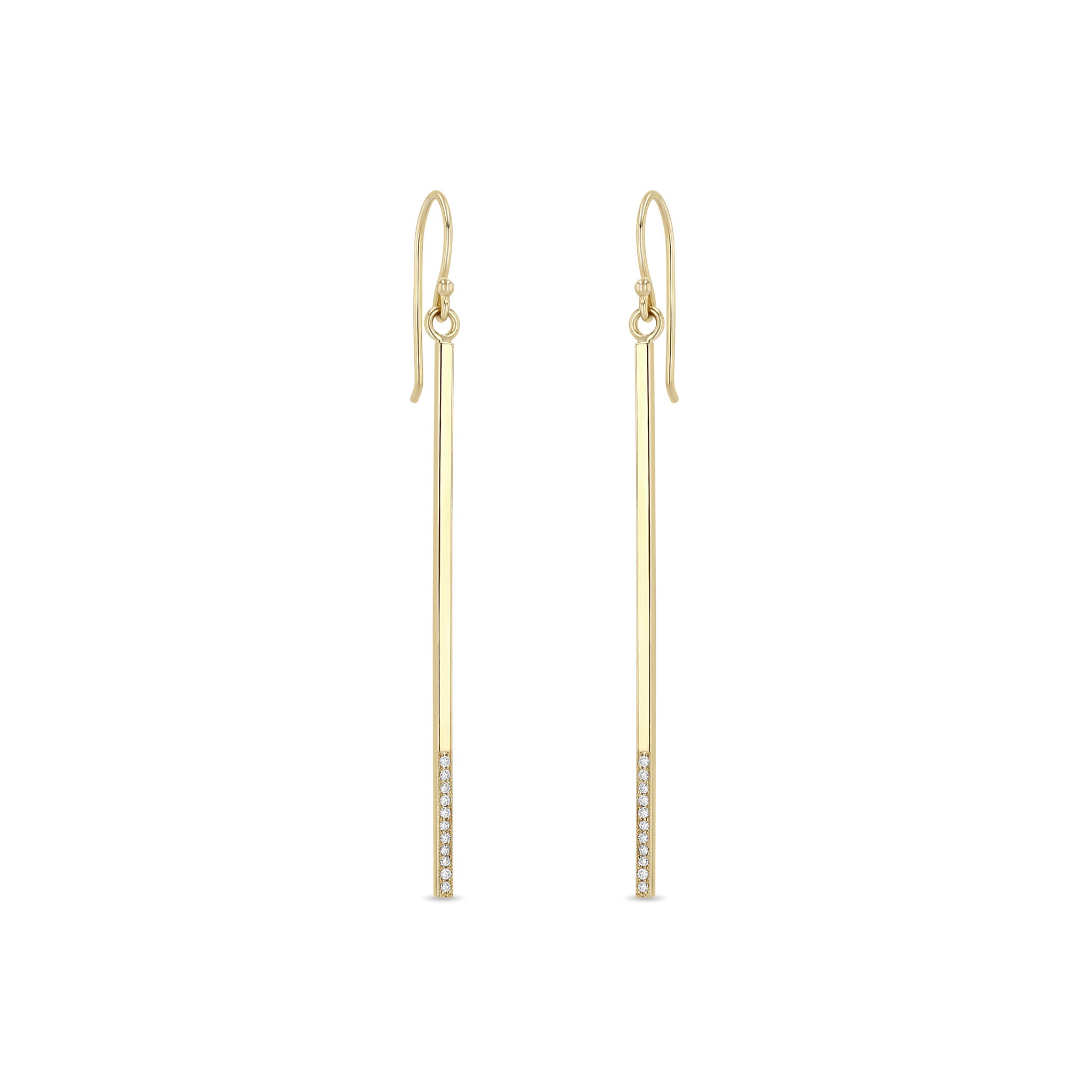 Zoe Chicco 14k gold bar earrings with small pave diamonds at the bottom on a white background