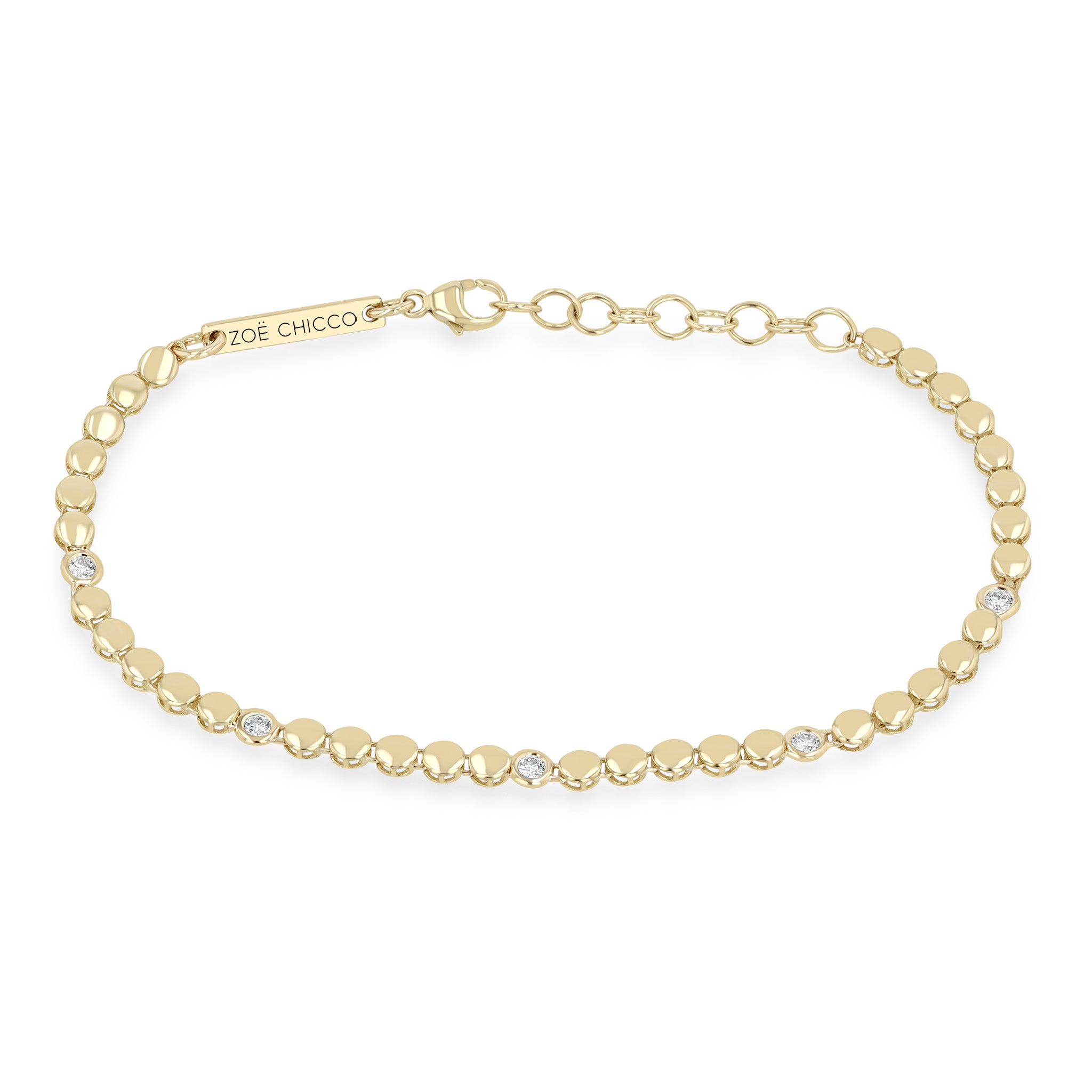 Zoe Chicco 14k Gold Puffed Round Chain & Floating Diamond Station Bracelet on a white background