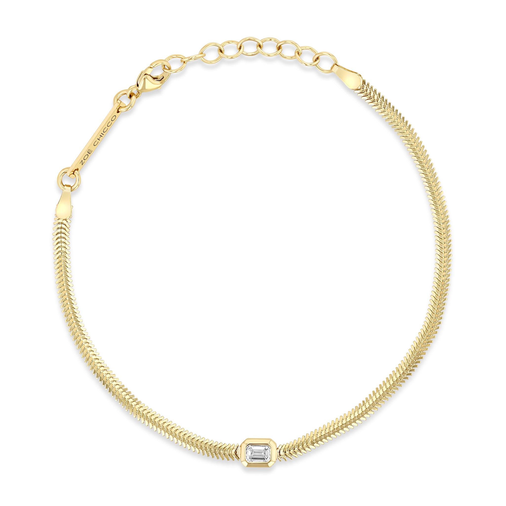 top down view of a Zoë Chicco 14k Gold Emerald Cut Diamond Small Snake Chain Bracelet