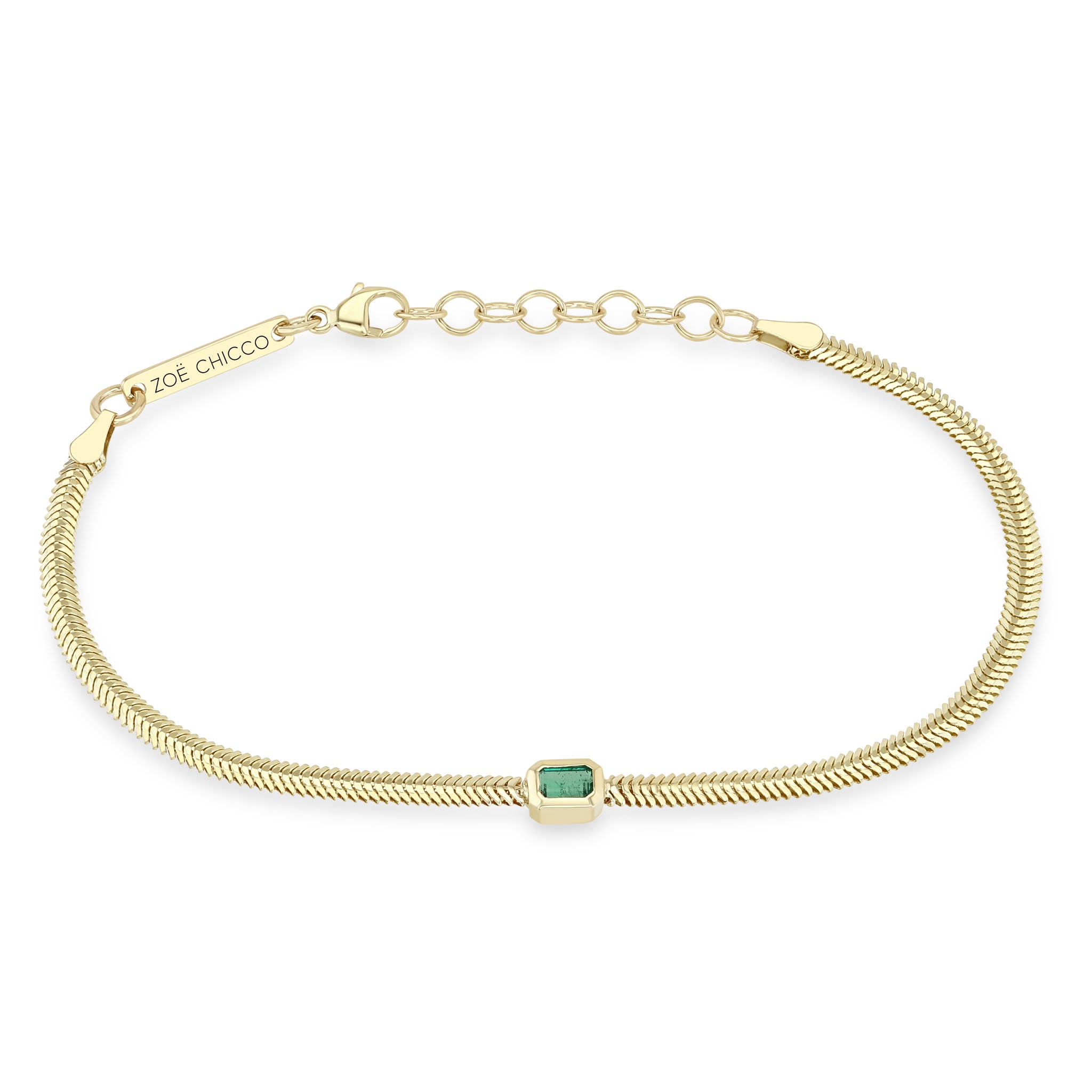 Zoe Chicco 14k Emerald Cut Emerald Small Snake Chain Bracelet on a white background