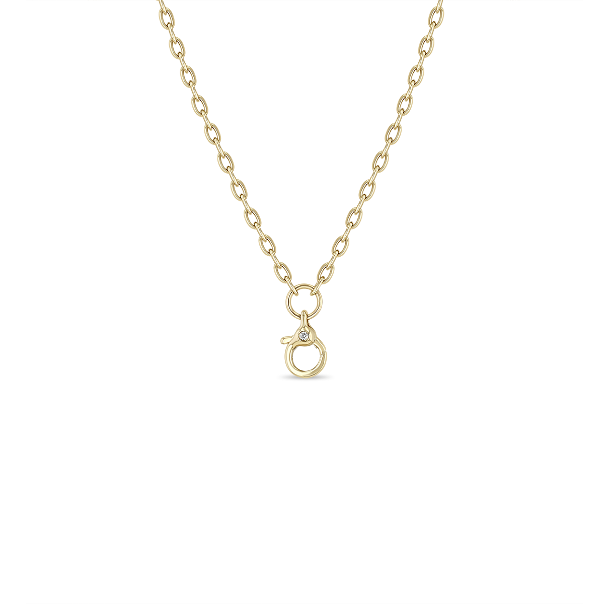 Zoe Chicco 14k gold oval chain link necklace with a clasp and a single diamond on a white background