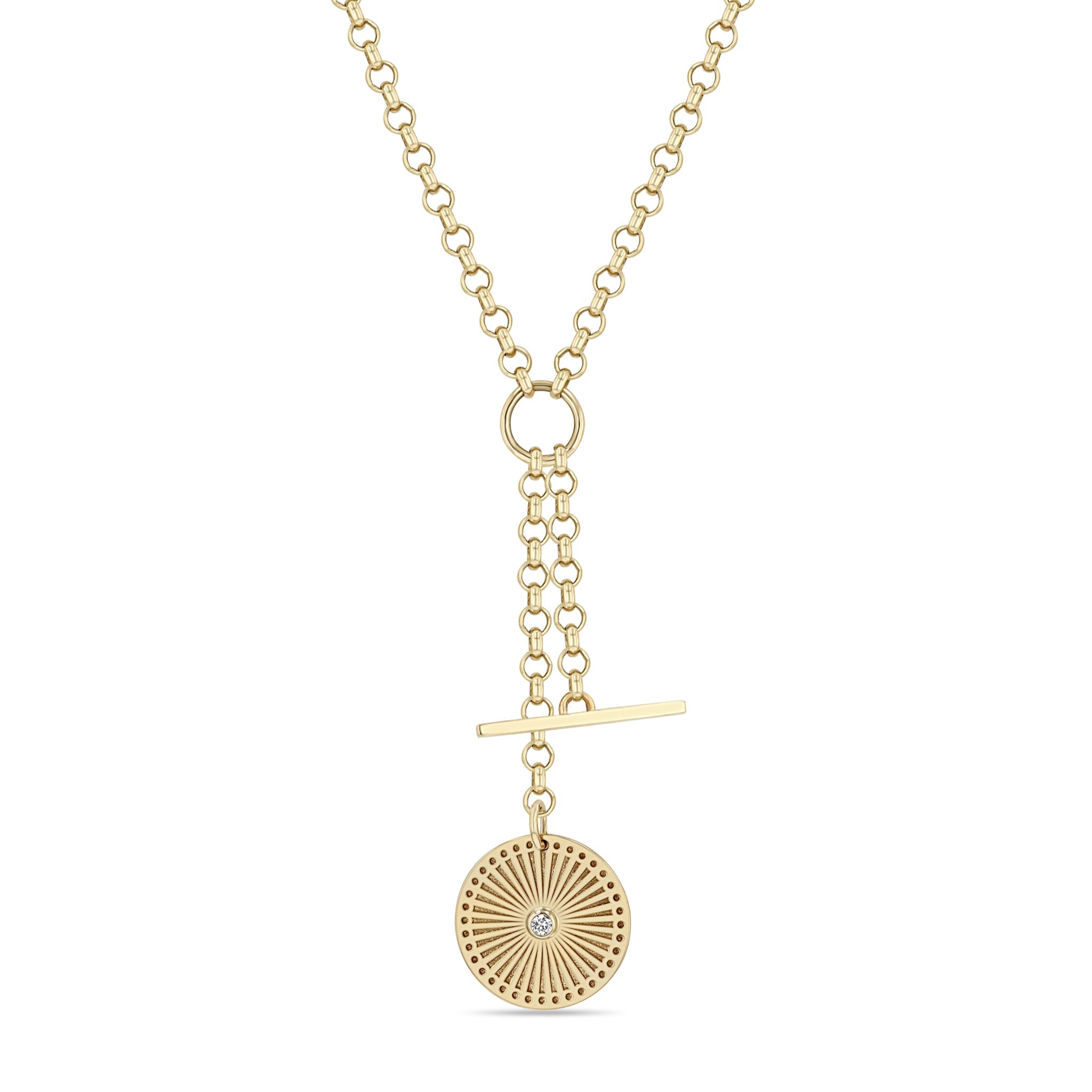 Zoe Chicco 14k gold chain lariat necklace with a circular sunbeam pendant on a white background