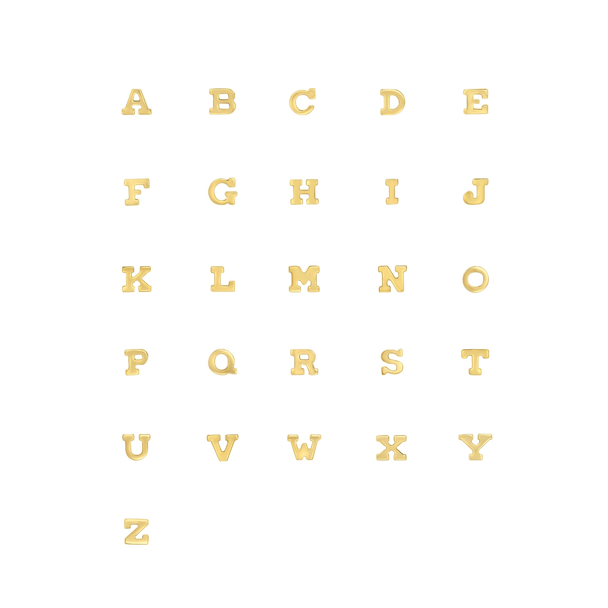 Full alphabet of Zoë Chicco 14k gold itty bitty capitalized block initial letters